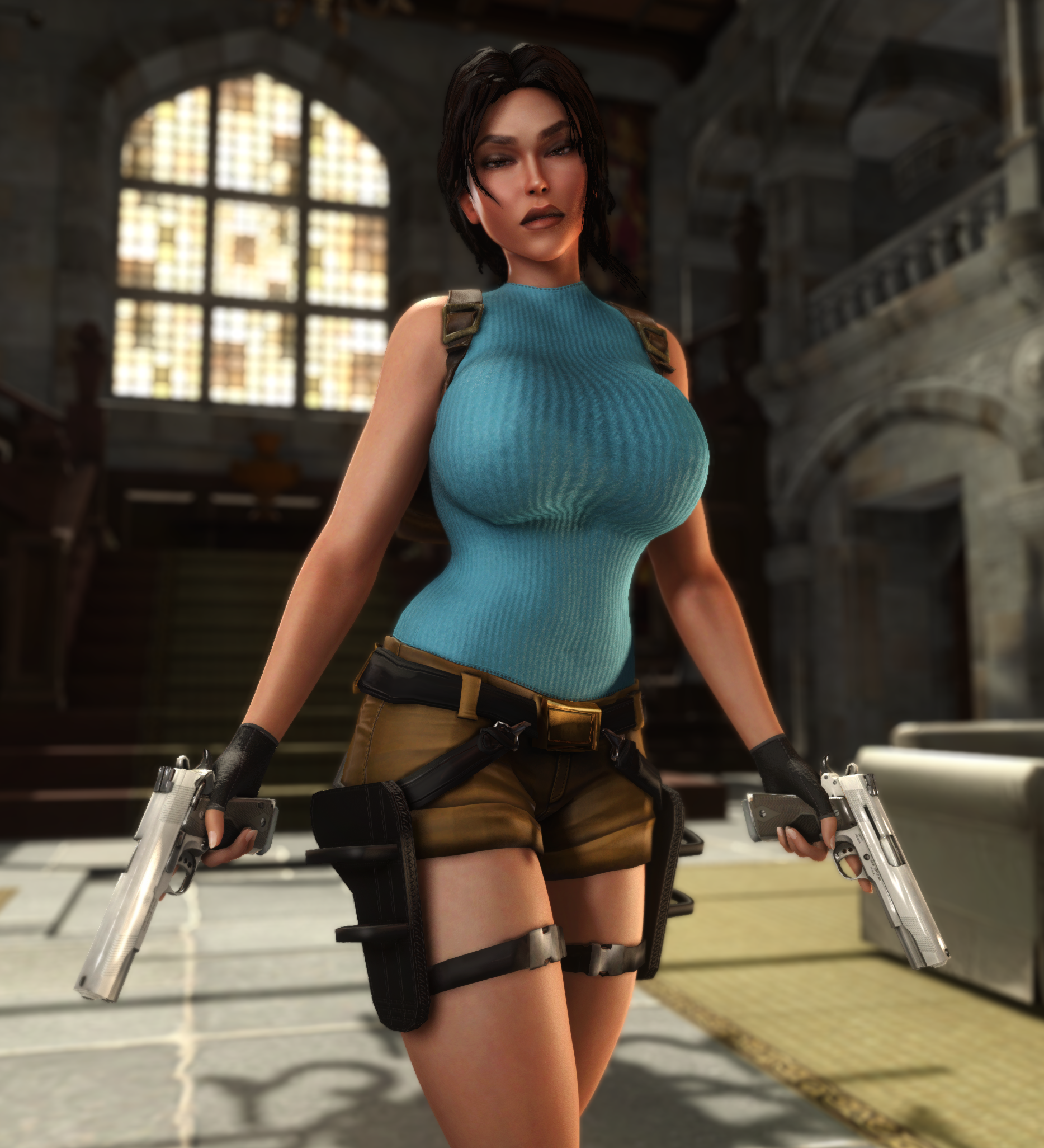 1girls, 3d, 3d (artwork), alternate breast size, belt, belt buckle, bimbo, bolt on tits, breast implants, breasts, breasts bigger than head, enhanced breasts, fake breasts, female, female only, fingerless gloves, gigantic breasts, gloves, gun, guns, holding gun, holding object, holding weapon, holster, hourglass figure, huge breasts, human, human female, lara croft, lara croft (classic), looking at viewer, pistol, short shorts, shorts, silicone, silicone implants, small waist, solo, solo female, thick thighs, thighs, tomb raider, tomb raider (classic), top heavy, vaako, weapon