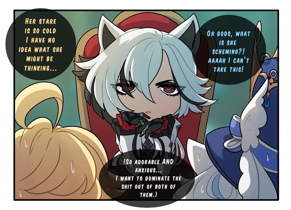 1boy, 2girls, aether (genshin impact), arlecchino (genshin impact), bi domination, bisexual, bisexual female, cat girl, catgirl, english text, female, female focus, furina (genshin impact), genshin impact, kinkymation, male, multiple females, multiple girls, solo focus, text, thinking, threesome, wholesome, x-shaped pupils