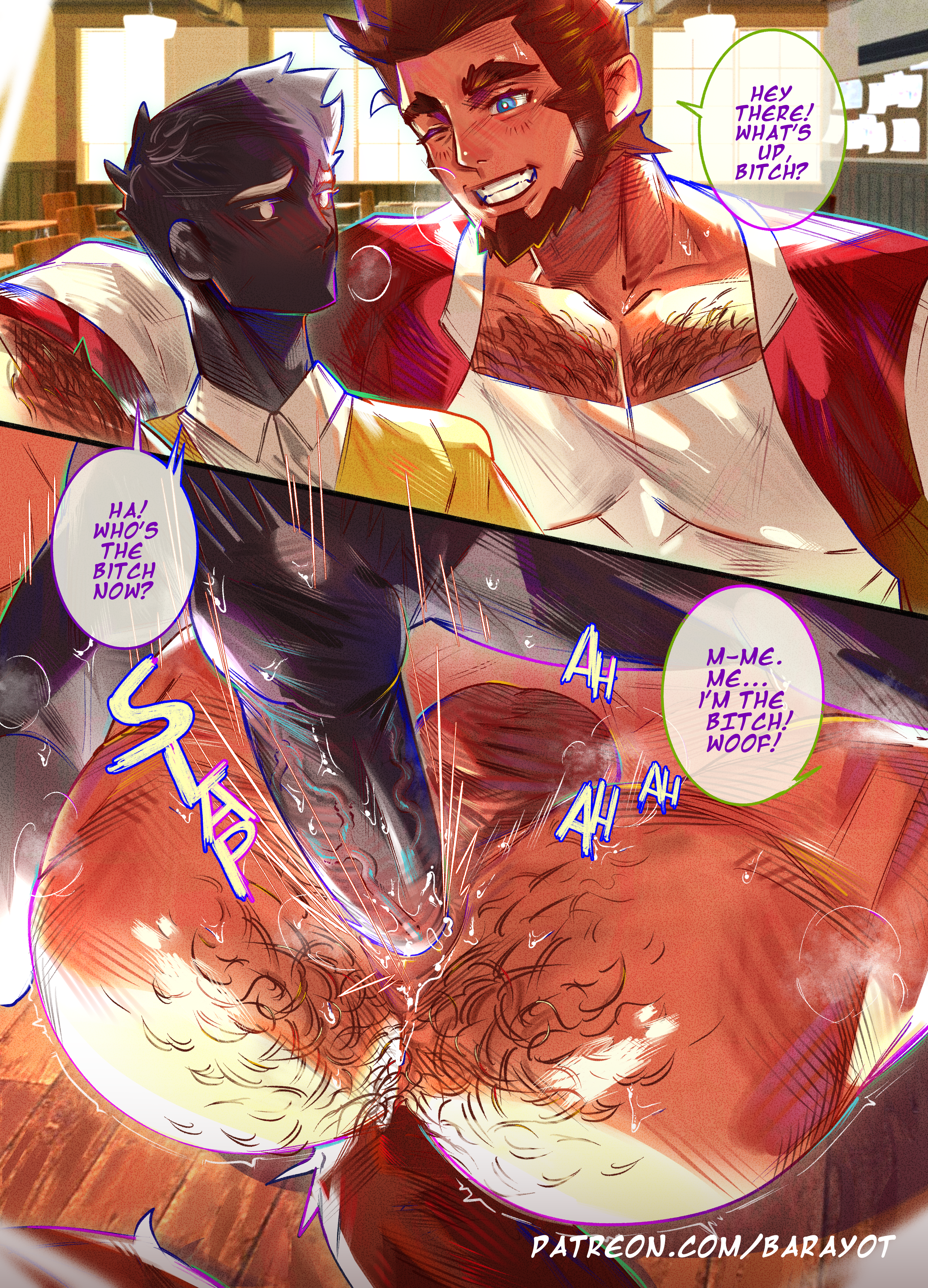 2023, 2boys, anal, anal sex, ass, balls, bara, barayot, beard, big balls, big penis, boner, clothing, cocky, completely nude, dialogue, domination, domination loss, english text, erection, facial hair, gay, gay anal, gay domination, gay sex, hairy, hairy arms, hairy chest, hi res, highres, humanoid pointy ears, instant loss 2koma, male, male focus, male only, male penetrated, male penetrating male, male/male, masculine male, monster prom, muscular, muscular male, nude, oz (monster prom), penetration, penis, scott howl, sex, size difference, small dom big sub, smile, solo male, text, werewolf, wolf tail, yaoi