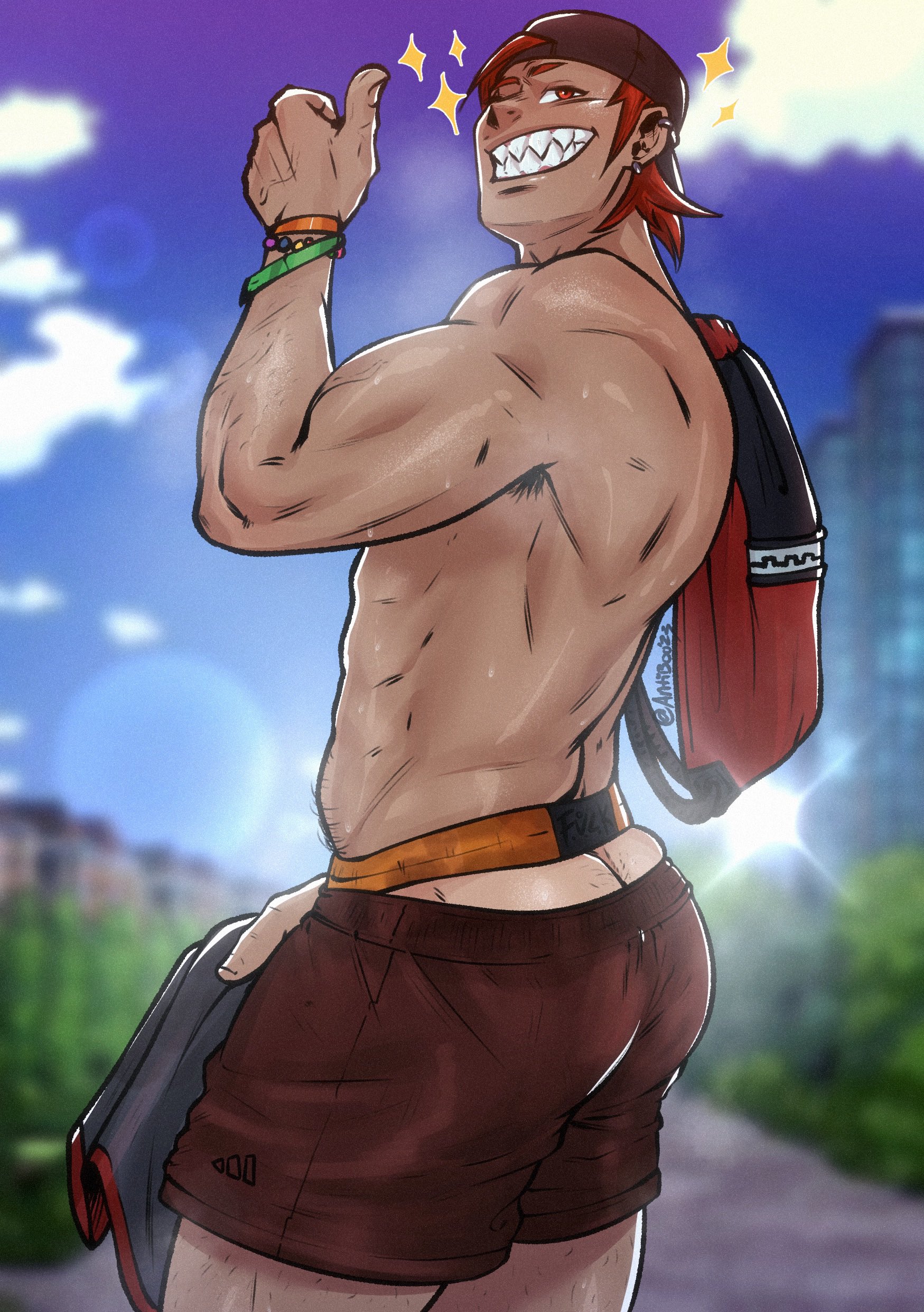 1boy, 2023, antibooart, armpit hair, artist name, ass, ass cleavage, back, back view, backwards baseball cap, baseball cap, biceps, bottomwear, bracelet, clothed, clothed male, clothes, clothing, ear piercing, eijirou kirishima, from behind, gay, gay male, gesture, grin, hair, hairy, hairy armpits, hairy ass, hairy legs, hairy male, hat, headwear, hi res, human, light skin, light-skinned male, looking at viewer, looking back, looking back at viewer, male, male only, muscular, muscular arms, muscular male, musk, musk clouds, my hero academia, outdoors, partially clothed, piercing, rear view, red eyes, red hair, redhead, sharp teeth, short hair, shorts, signature, smile, smiling, smiling at viewer, solo, standing, sweat, sweatdrop, sweating, sweaty, teeth, thighs, thumbs up, yaoi