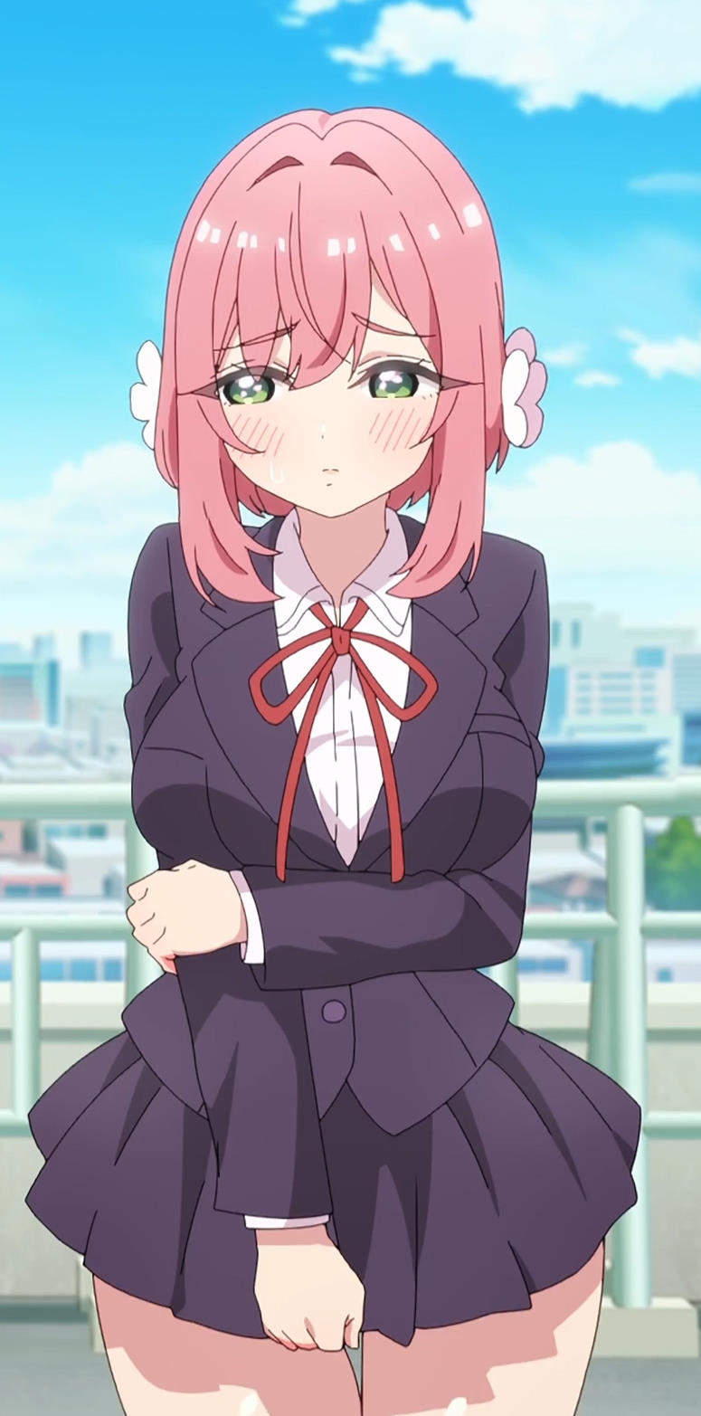 blush, breasts, clothing, female, green eyes, hanazono hakari, hips, kimi no koto ga dai dai dai dai daisuki na 100-nin no kanojo, large breasts, pink hair, screencap, shiny skin, skirt, sweatdrop, thick thighs, thighs, wide hips
