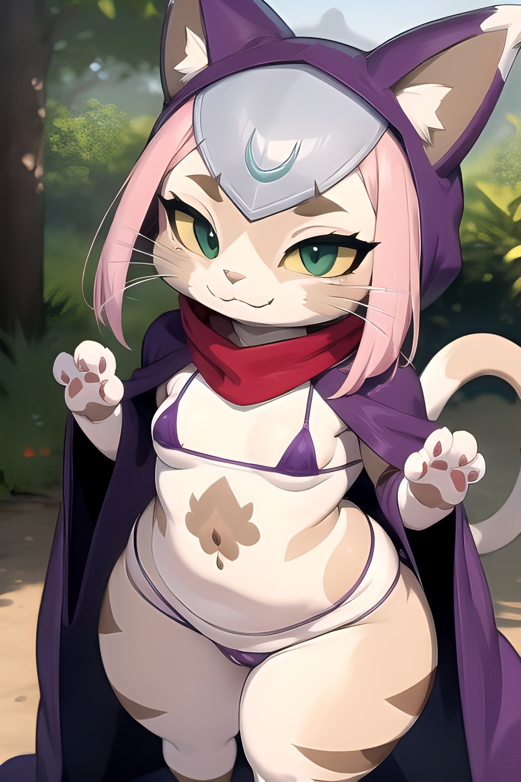 2023, ai generated, anthro, bikini, breasts, capcom, cat ears, cat girl, cat tail, catgirl, daidouji (artist), daidoujipv, felyne, felyne (monster hunter), female, from behind, furry, green eyes, kerchief, looking at viewer, micro bikini, monster hunter, purple bikini, purple bra, purple cape, purple panties, red kerchief, small breasts, smaller female, smile, smiling, smiling at viewer, tagme, tsukino (monster hunter stories), yellow sclera