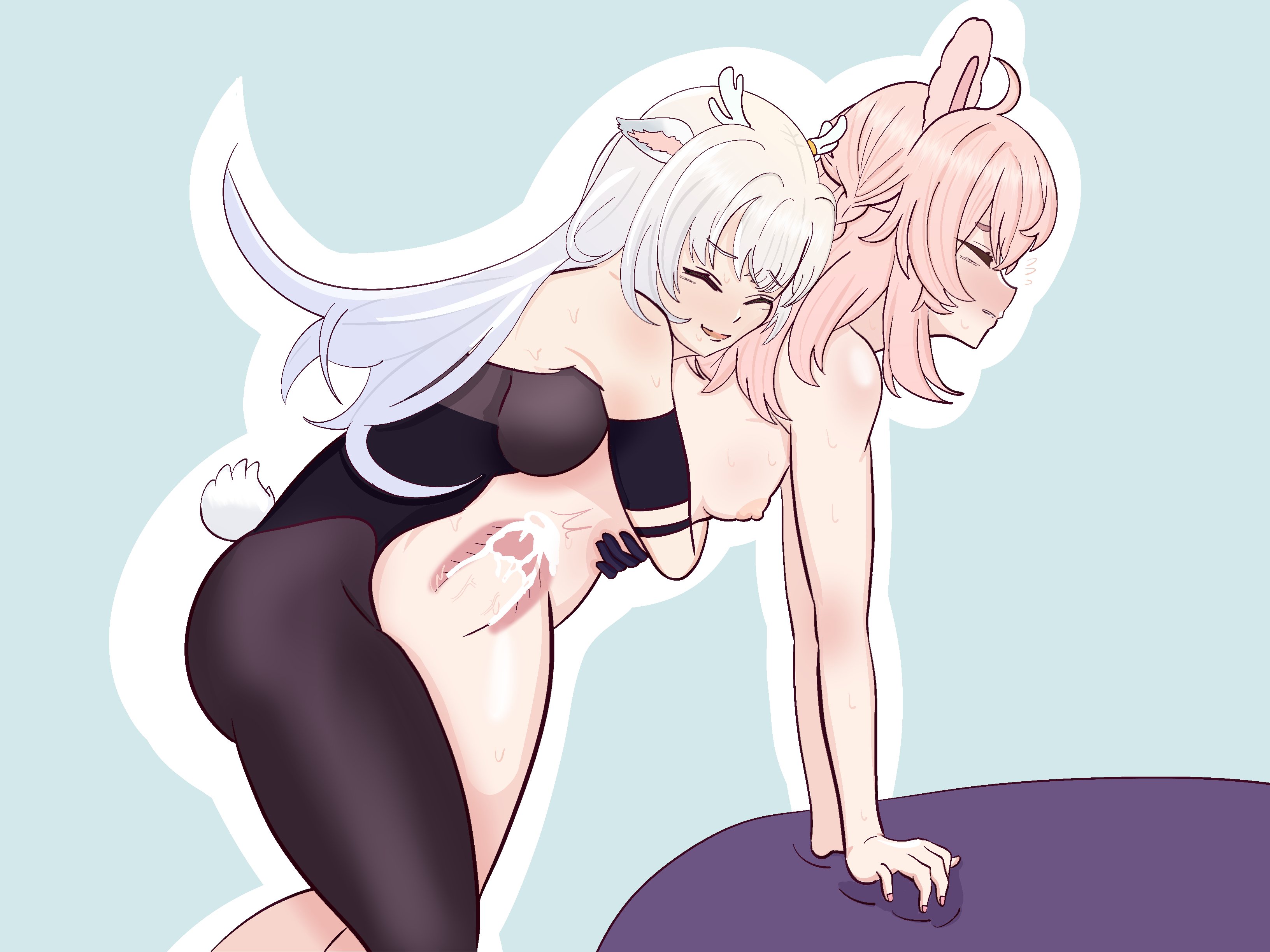 1futa, 1girls, anal, animal ears, areolae, ass, bent over, blonde hair, blush, breasts, bunny, bunny ears, bunny girl, closed eyes, clothed, clothed futa nude female, clothing, cum, cum in ass, cum inside, cumming, cumming from anal sex, cumming inside, deer, deer ears, deer girl, deer horns, deer tail, duo, ejaculation, female, futa on female, futa penetrating, futa penetrating female, futanari, hakushika iori, hand around waist, horn, horns, humanoid, humanoid penis, intersex, kemonomimi, legwear, light skin, light-skinned female, light-skinned futa, long hair, medium breasts, mostly clothed, nipples, nude, orgasm, penis, phase connect, phase origins, pink ears, pink hair, pipkin pippa, premature ejaculation, rabbit, rabbit ears, rabbit girl, side view, simple background, standing, thick thighs, unsafepippart, virtual youtuber, vtuber, white ears, white hair, white outline, white tail, x-ray