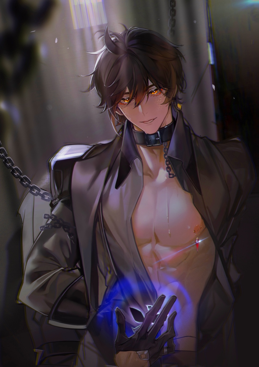 2boys, absurd res, absurdres, chain leash, chains, childe (genshin impact), collar, gay, genshin impact, hi res, highres, leash, looking at viewer, male, male only, male/male, multiple boys, multiple males, nipple piercing, nipples, orange eyes, piercing, red eyeliner, scales, tartaglia (genshin impact), unuvnmz5vwxzo9c, yaoi, zhongli (genshin impact)
