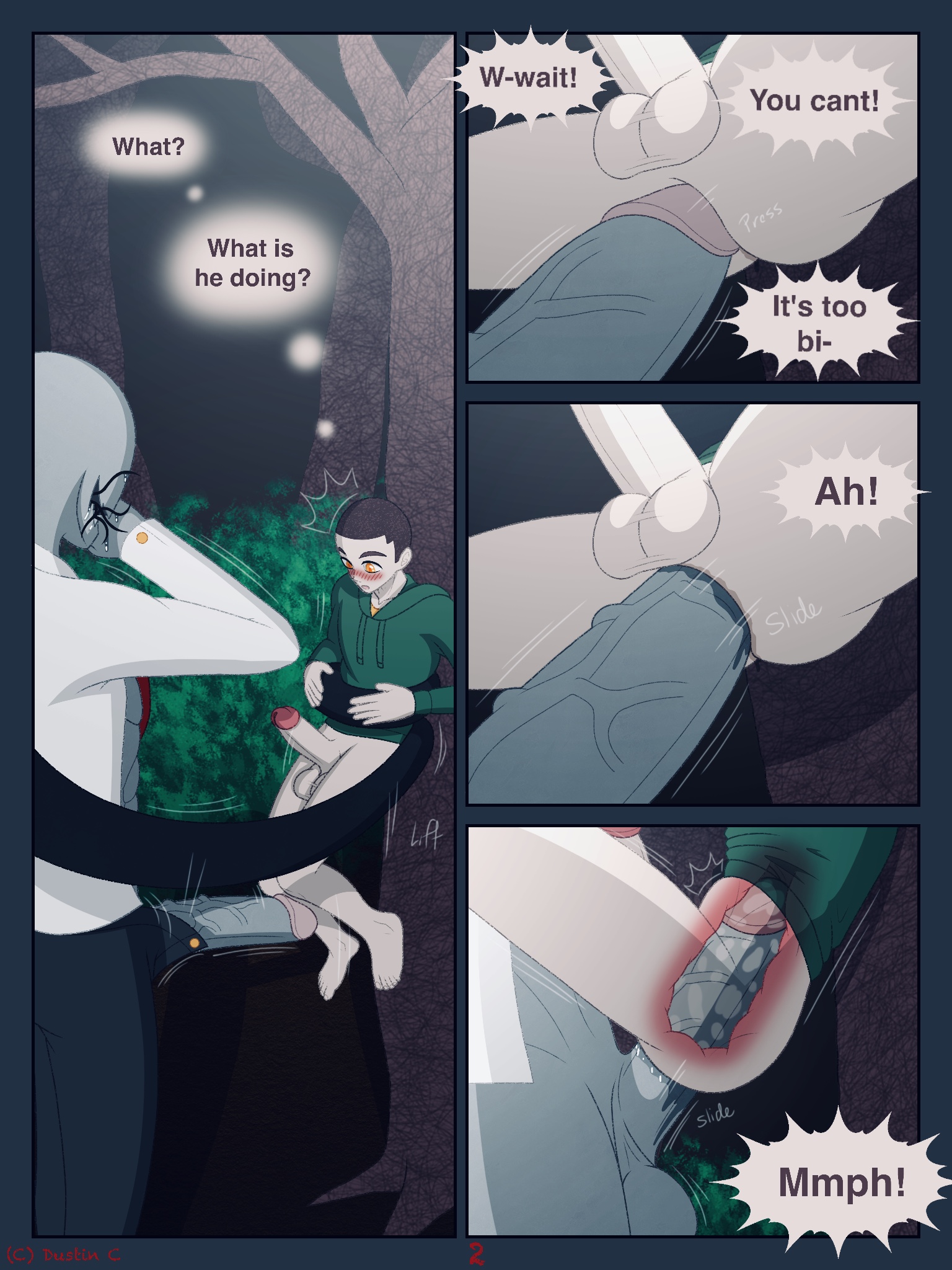 anal, anal insertion, anal sex, ass, black pants, black tentacles, blush, brown hair, comic, comic page, creepypasta, dialogue, duo, dustin c, forest, forest background, gay, gay sex, green clothing, green hoodie, human, male, male only, male/male, monster, moonlight, motion lines, non-human, penis, penis in ass, penis out, skinny, slenderman, tentacle, text, tree, white body, white shirt, woods, x-ray, yellow eyes