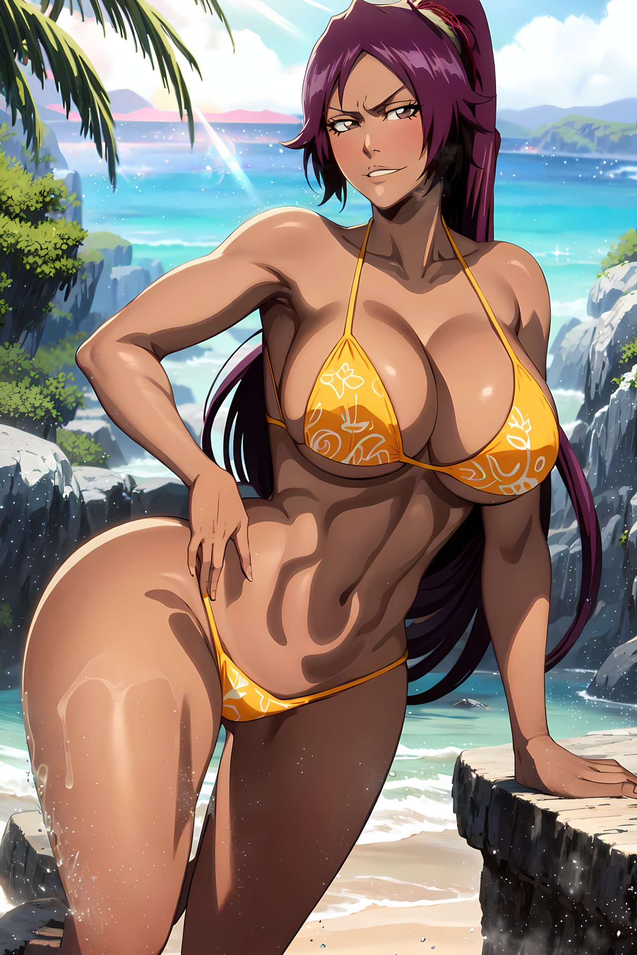 1girls ai_generated arm_support beach big_breasts bikini bikini_bottom bikini_top bleach blush breasts brown_skin child_bearing_hips cleavage cowboy_shot dark-skinned_female dark_skin floral_print grin hentao hourglass_figure huge_breasts looking_at_viewer midriff nai_diffusion naughty naughty_face naughty_smile outdoors pinup ponytail pose posing posing_for_the_viewer purple_hair revealing_swimsuit shihouin_yoruichi skimpy skimpy_bikini smile smiling smiling_at_viewer solo stable_diffusion standing swimsuit tied_hair toned toned_female very_long_hair voluptuous wide_hips yellow_bikini yellow_eyes