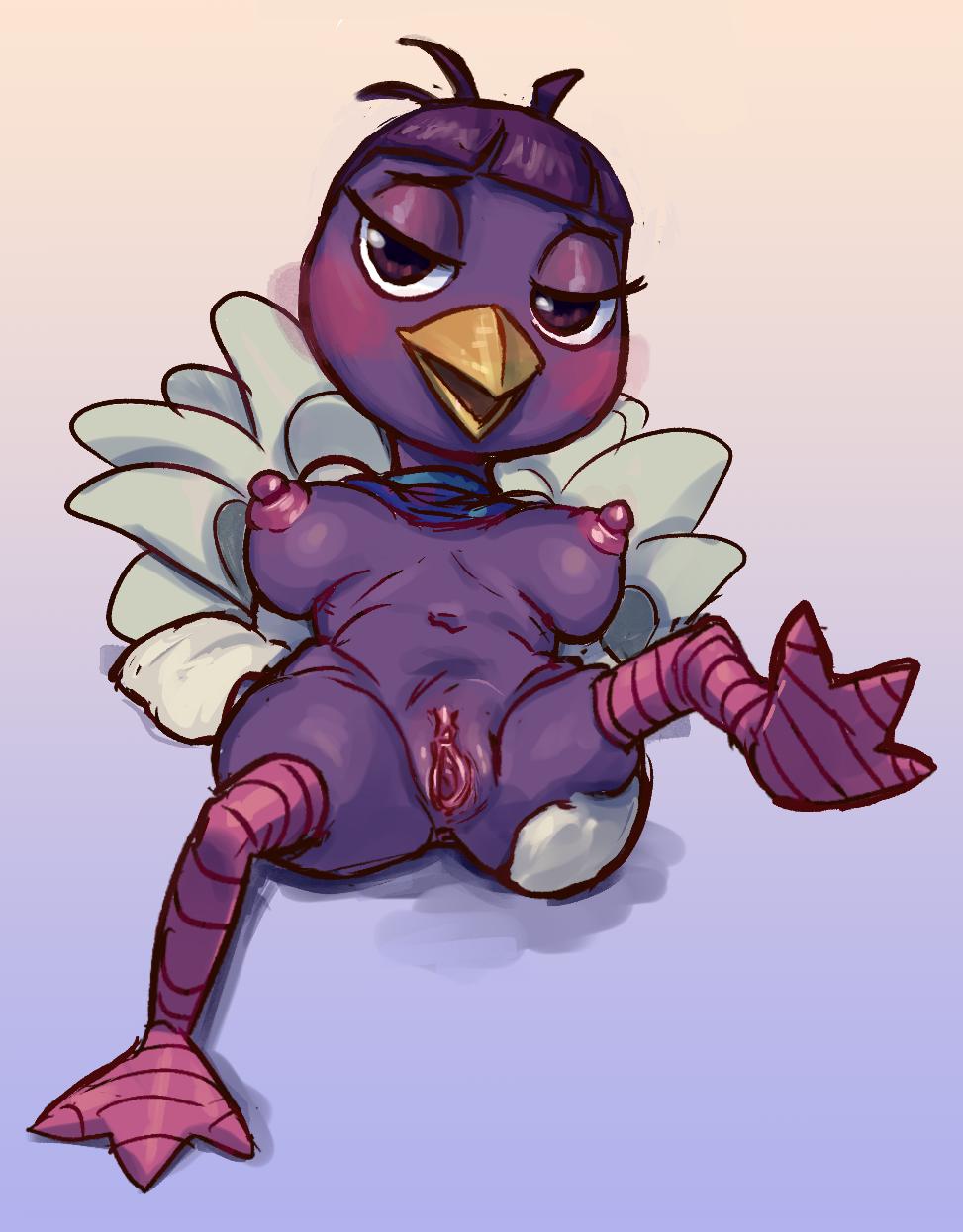 2019 animal_crossing bird blush breasts female female_focus female_only nintendo nipples ostrich pears_(artist) purple_eyes purple_feathers purple_hair pussy queenie_(animal_crossing) white_feathers