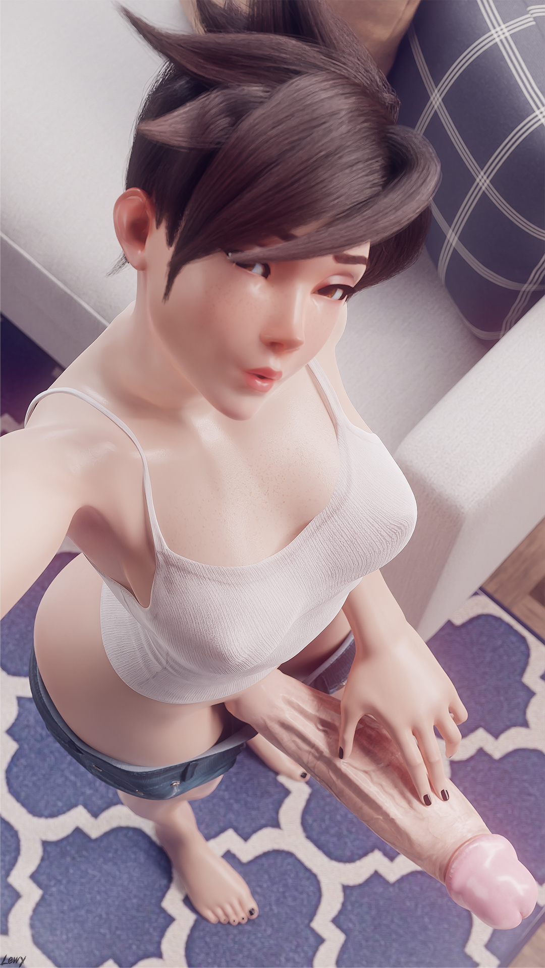 1futa, 3d, barefoot, big breasts, big penis, black hair, blender, breasts, busty, couch, denim shorts, detailed background, futa only, futanari, high-angle view, intersex, lena oxton, lewy, long penis, looking at viewer, looking up, overwatch, penis, short hair, shorts, shorts down, solo, tank top, thighs, tracer