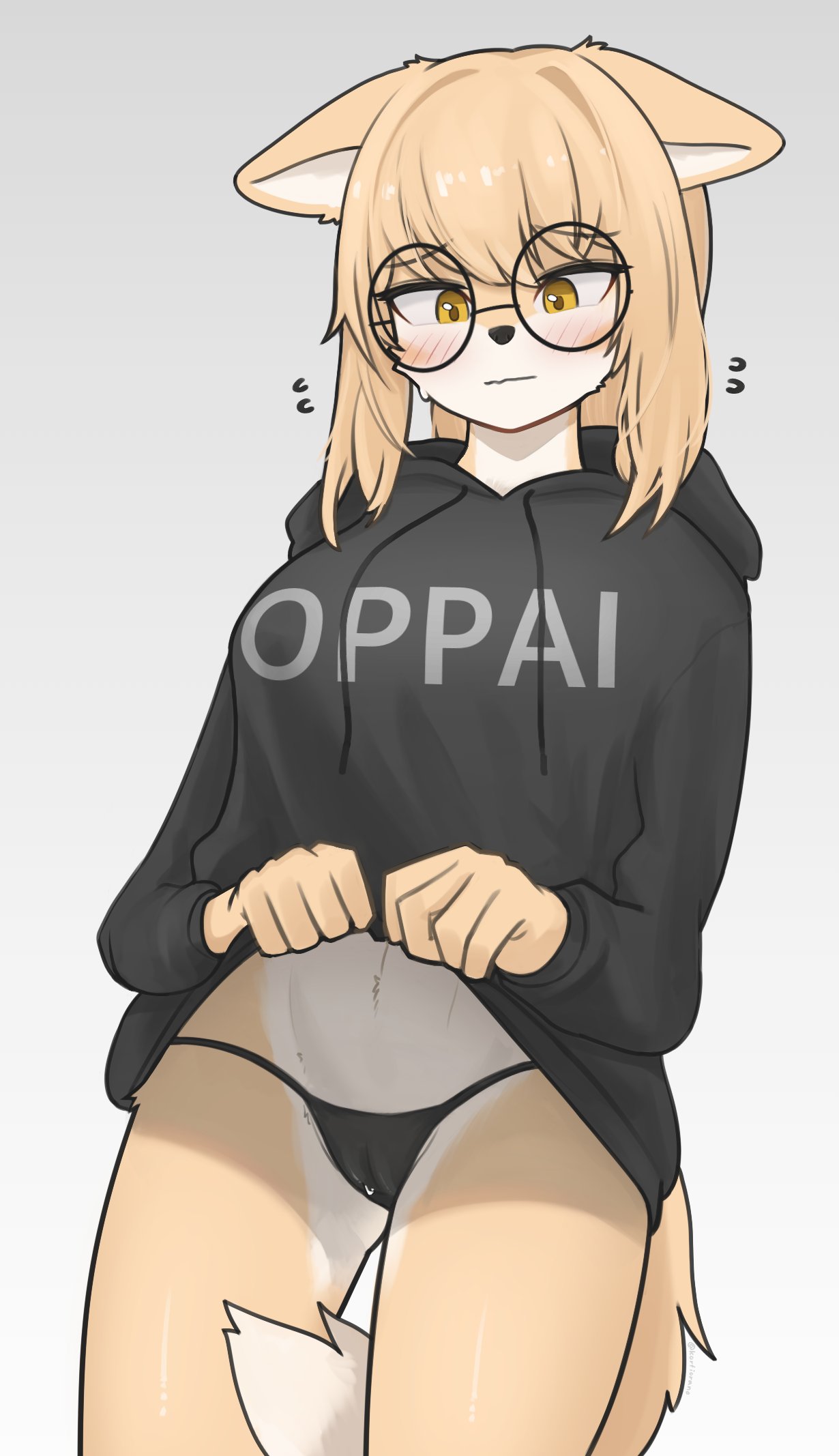 amber_eyes anthro aroused athletic athletic_anthro athletic_female big_breasts blonde_hair blush bodily_fluids breasts camel_toe canid canine clothed clothing clothing_lift dipstick_tail dripping eyewear female fluffy fluffy_tail fox fur furry genital_fluids glasses hair hi_res hoodie inner_ear_fluff jeifier korfiorano long_hair looking_at_viewer mammal markings natural_breasts nervous pantsless pussy_juice pussy_juice_drip rebekah shirt shirt_lift solo sweat sweatdrop tail tail_markings text text_on_clothing thong topwear tuft underwear