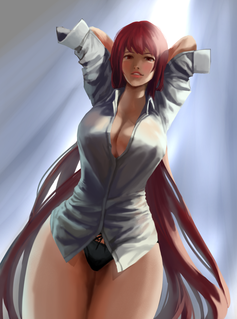 1girls 2d 2d_(artwork) arms_behind_head arms_up bare_legs big_breasts black_panties blush breasts clothed clothes dressing dressing_up female female_focus female_only hair_between_eyes hands_behind_head hips human light-skinned_female light_skin long_hair long_sleeves looking_at_viewer no_pants okazaki_yumemi panties partially_clothed partially_clothed_female professor red_eyes red_hair rolled_up_sleeves simple_background source standing student teruteru12 thick_hips thick_thighs thighs touhou touhou_(pc-98) tying_hair unbuttoned unbuttoned_shirt white_shirt yumemi_okazaki