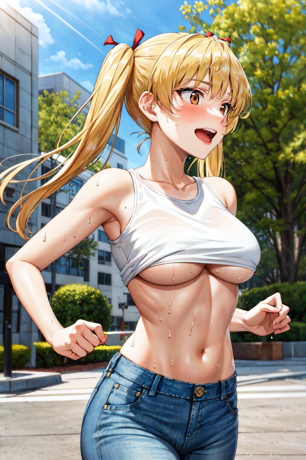 1girls ai_generated blonde_hair blush female female_only human jeans jogging navel no_bra open_mouth orange_eyes outdoors outside ponytails running sawachika_eri school_rumble shirt solo sweat sweating