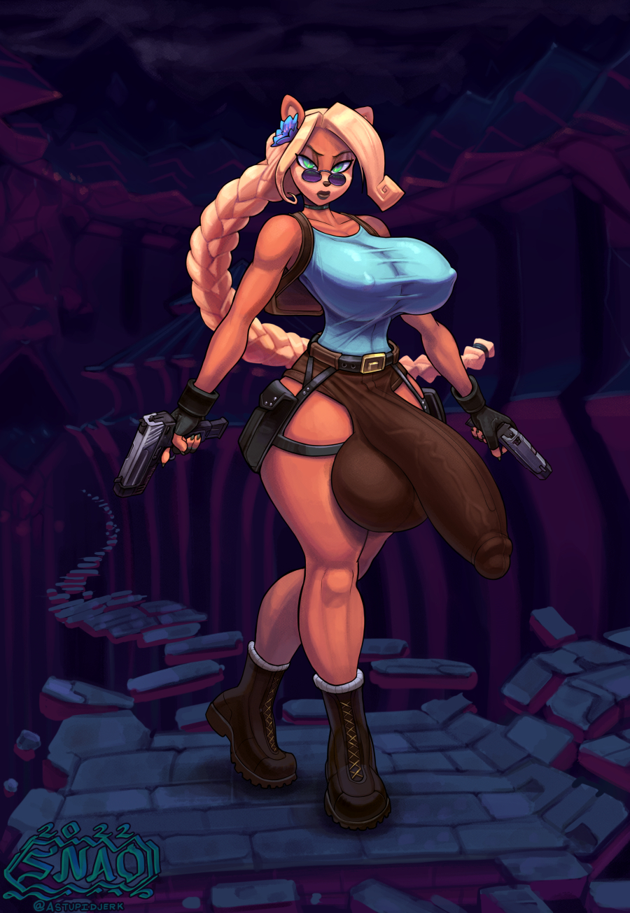 anthro big_breasts big_penis blonde_female blonde_hair breasts bulge cock_sleeve_(clothes) coco_bandicoot crash_(series) dickgirl futa_only futanari gun huge_breasts huge_cock hyper_penis lara_croft_(cosplay) large_breasts large_penis looking_over_eyewear looking_over_glasses looking_over_sunglasses penis purple-tinted_eyewear short_pants snao sunglasses thick_thighs thighs tinted_eyewear tomb_raider