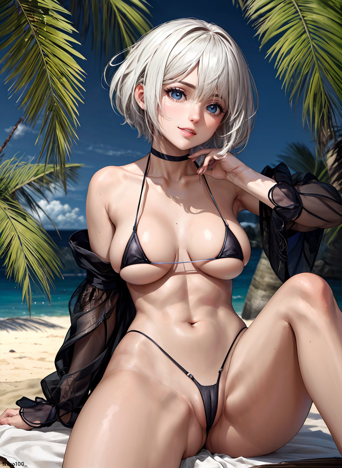 1girls, ai generated, athletic, athletic female, bare shoulders, beach, belly, big breasts, bikini, bikini bottom, bikini top, black bikini, breasts, choker, collar, cowboy shot, curvy, curvy figure, detailed, eyelashes, female, female only, fit, fit female, high quality, horny, light skin, light-skinned female, lipstick, looking at viewer, mascara, medium breasts, muscular, navel, nier: automata, ocean, pale skin, pale-skinned female, posing, sea, seaside, short hair, silver hair, sitting, solo, stable diffusion, stomach, string bikini, string panties, tagme, thighs, thin waist, white hair, yorha 2b, young