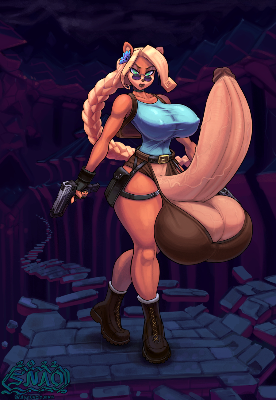 anthro ball_bra balls balls_expansion big_balls big_breasts big_penis big_testicles blonde_female blonde_hair breasts coco_bandicoot crash_(series) dickgirl enormous_balls enormous_penis enormous_testicles futa_only futanari gigantic_balls gigantic_cock gigantic_penis gigantic_testicles gun huge_balls huge_breasts huge_cock huge_testicles hyper_balls hyper_penis hyper_testicles lara_croft_(cosplay) large_balls large_breasts large_penis large_testicles looking_over_eyewear looking_over_glasses looking_over_sunglasses massive_balls massive_penis massive_testicles penis penis_expansion penis_growth penis_inflation purple-tinted_eyewear short_pants snao sunglasses testicle_expansion testicles thick_thighs thighs tinted_eyewear tomb_raider