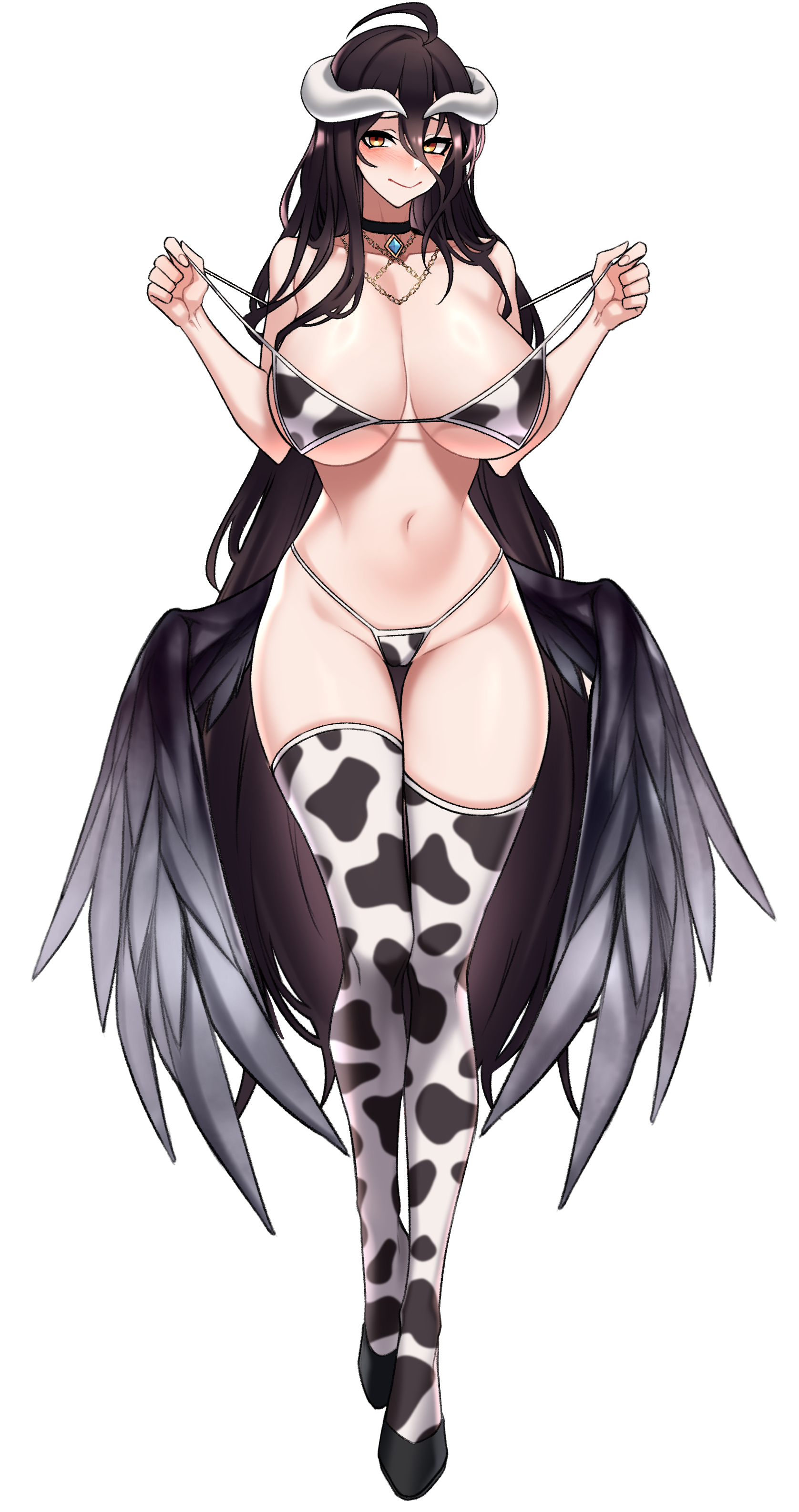 1girls, 2d, 2d (artwork), albedo (overlord), big breasts, black hair, breasts, cow print, demon, demon girl, dogs (dlrkdejr26), female, female focus, female only, large breasts, light skin, light-skinned female, long hair, overlord (maruyama), pale skin, pale-skinned female, simple background, solo, solo female, solo focus, succubus, succubus horns, succubus wings, wings, yellow eyes