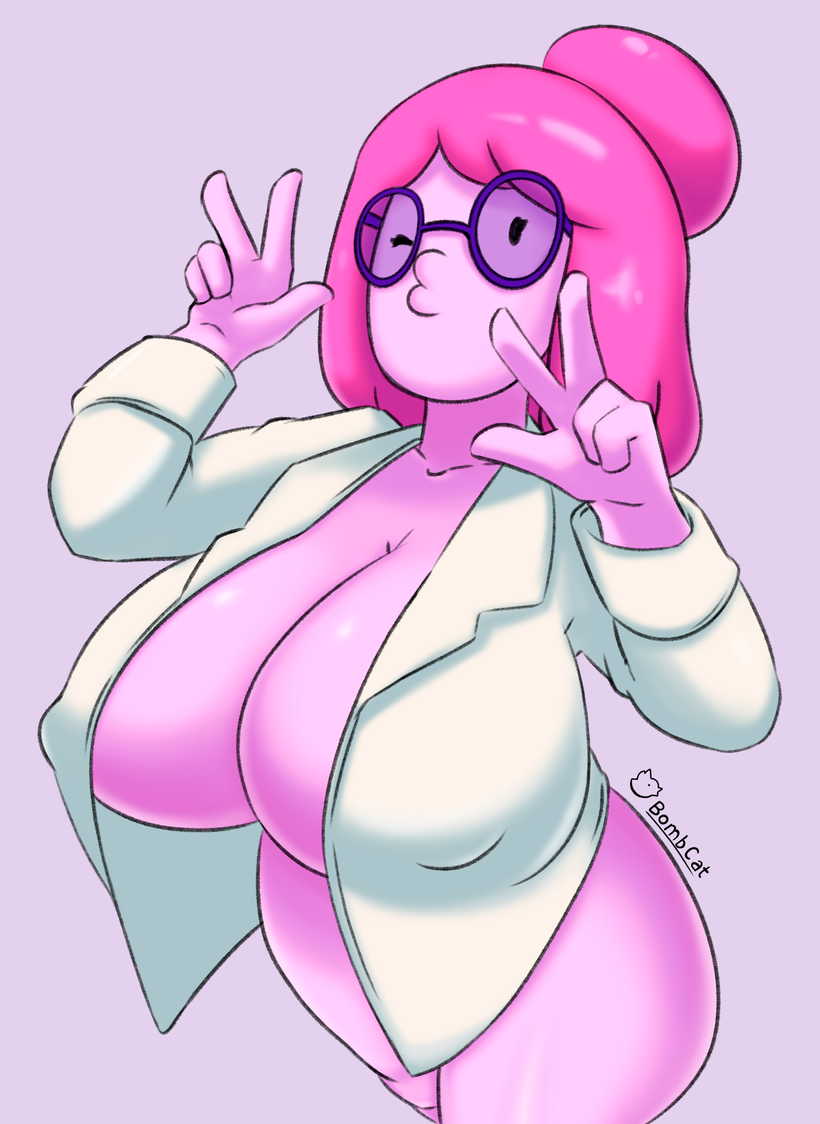 2023 adventure_time black_eyes bombcat breasts cartoon_network cleavage duck_face female female_focus female_only glasses huge_breasts lab_coat lab_coat_only long_hair one_eye_closed pink_background pink_body pink_hair princess_bubblegum thick_thighs thighs tied_hair