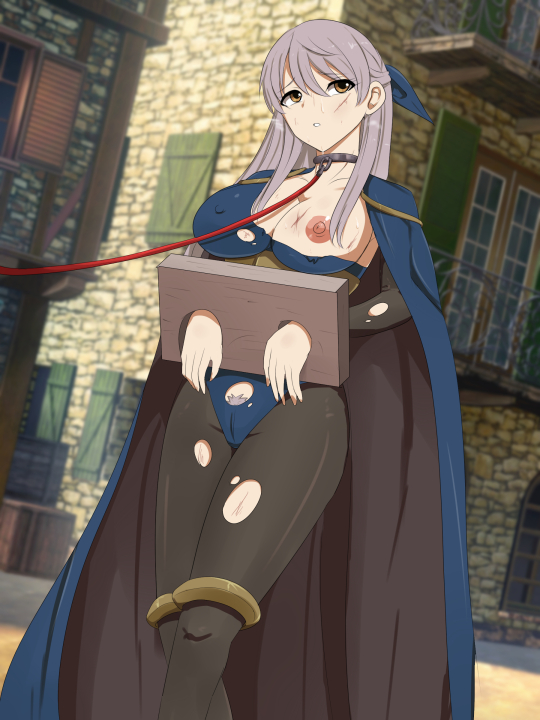 1girls, alternate costume, bodystocking, bondage, breasts, breasts out, bruise, cape, cleavage, collar, covered nipples, female, female only, female pubic hair, femsub, fire emblem, fire emblem awakening, fire emblem: radiant dawn, grey hair, humiliation, injury, large breasts, leash, legs, long hair, micaiah (fire emblem), more at source, nintendo, nipples, official alternate costume, one breast out, outdoors, pachio, pachio works, partially visible vulva, pubic hair, pubic hair peek, public, pussy, scar, silver hair, solo, stocks, torn clothes, walk of shame, yellow eyes