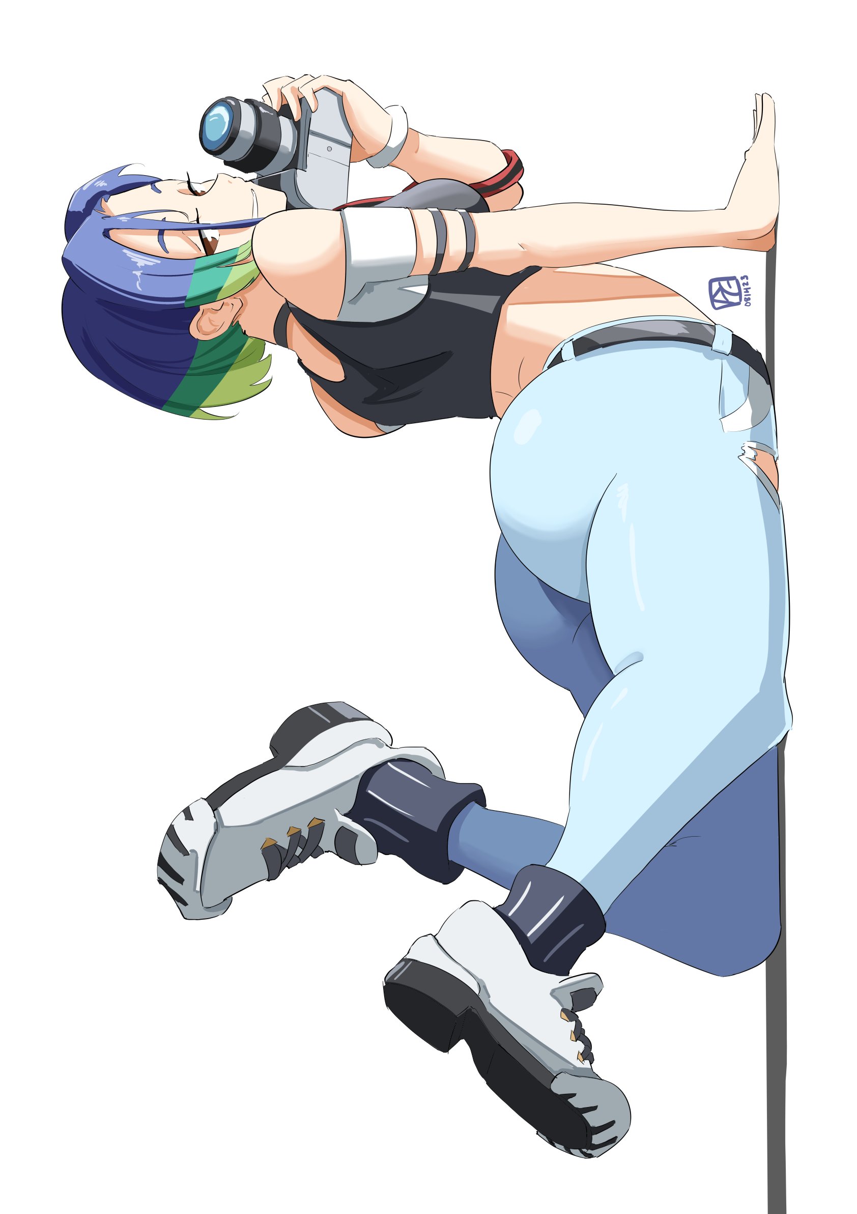 1girls, armwear, ass, ass focus, automatic giraffe, belt, big ass, blue hair, blue pants, bottomwear, breasts, brown eyes, camera, clothing, crop top, female, female only, footwear, full body, high resolution, highres, huge ass, jeans, legs, legs up, looking at viewer, looking back, medium breasts, pants, perrin (pokemon), pokemon, pokemon sv, shoes, short hair, smile, solo, solo female, topwear, watch
