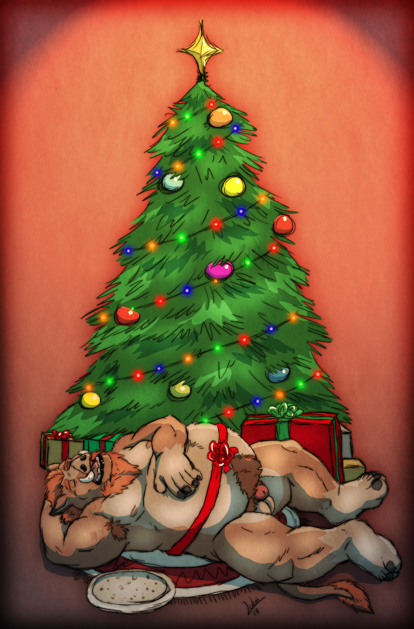 anthro armpit_tuft bauer_(pudgybear) belly big_belly body_hair christmas christmas_tree chubby_male gift hand_behind_head hand_on_stomach happy_trail hi_res holidays lukoi lying lying_on_floor male mammal on_back open_mouth overweight overweight_male plant porter_(pudgybear) pubes sleeping slightly_chubby solo suid suina sus_(pig) tree tusks wild_boar