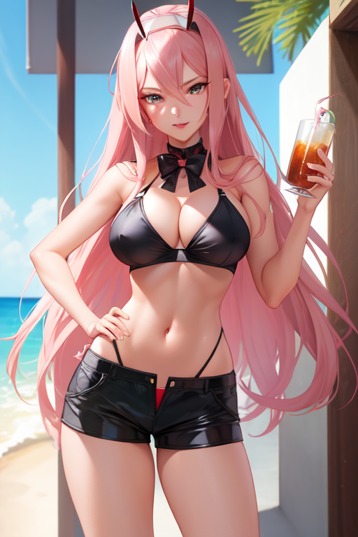 ai_generated arrogant beach bikini_top blue_eyes collar darling_in_the_franxx drink fiend hotpants pink_hair sun zero_two_(darling_in_the_franxx)