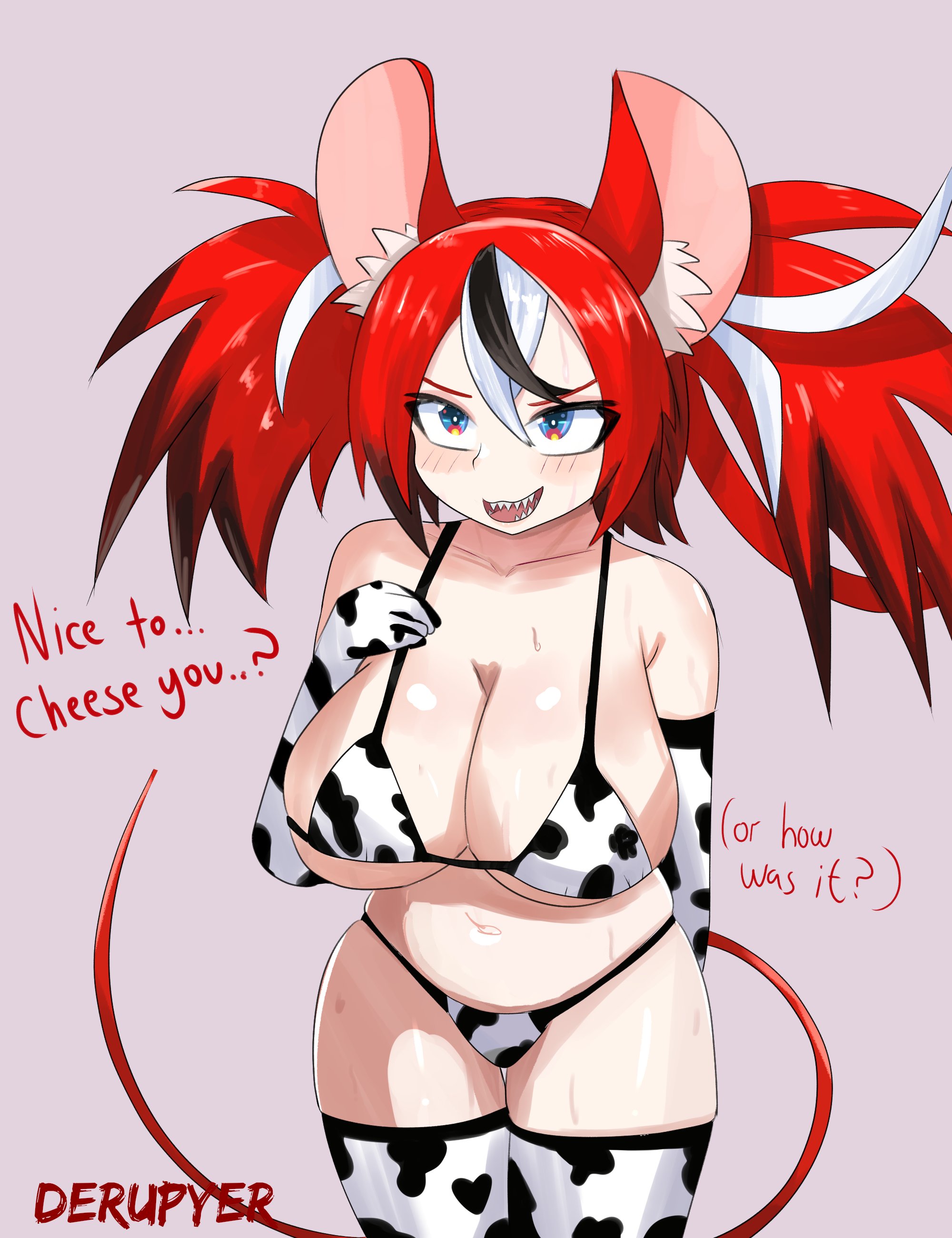 artist name, black hair, blue eyes, blush, blush lines, breasts, cheesed to meet you, cow print, cow print armwear, cow print bikini, cow print legwear, cowgirl outfit, derupyer, english text, female, hair, hakos baelz, hand on own chest, hololive, hololive english, hololive english -council-, hololive english -promise-, large breasts, light skin, light-skinned female, long hair, meme, rat, rat ears, rat girl, rat tail, red ears, red hair, red text, sharp teeth, shiny skin, simple background, source request, text, thick thighs, virtual youtuber, vtuber
