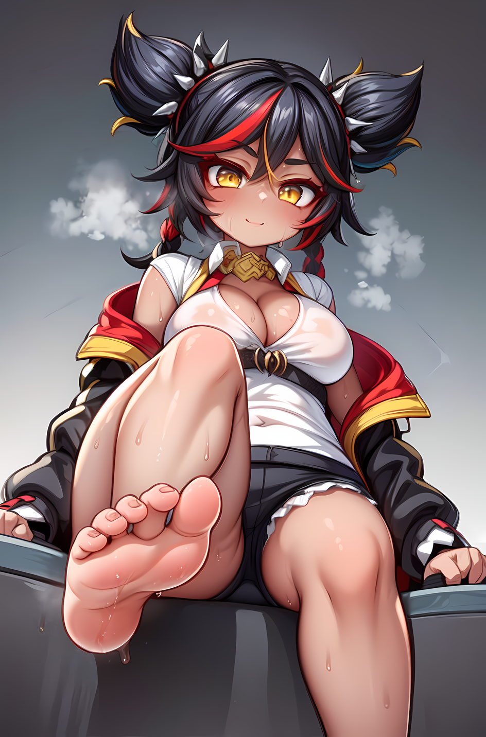 1girls, 5 toes, absurd res, absurdres, ai generated, alternate breast size, bare legs, barefoot, big breasts, black hair, blush, breasts, cleavage, dark skin, feet, feet up, female, female focus, female only, foopanthia, foot fetish, foot focus, foot play, genshin impact, hi res, highres, legs, legs up, looking at viewer, presenting, presenting feet, smile, smiling, smiling at viewer, sole female, soles, sweat, sweating, sweaty, tan body, thick, thick thighs, toes, twintails, xinyan (genshin impact), yellow eyes