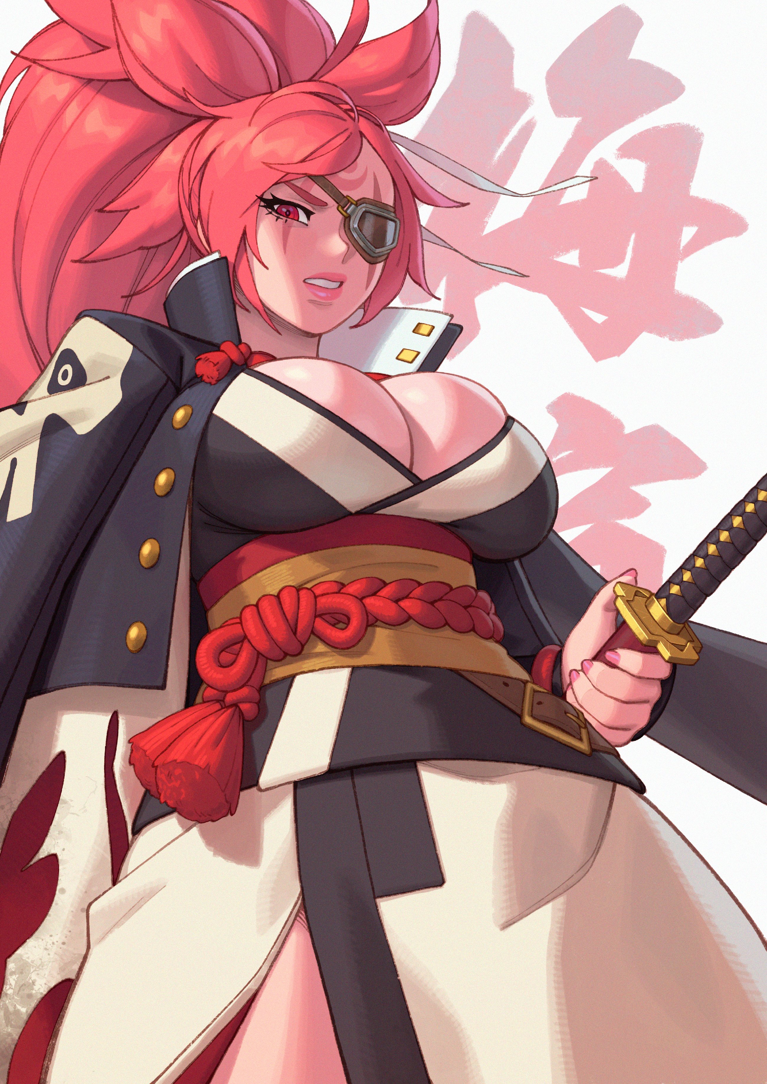 1girls, 2023, 2d, 2d (artwork), arc system works, baiken, breasts, cleavage, clothed, eyepatch, facial scar, female, female only, guilty gear, hi res, huge breasts, light skin, light-skinned female, long hair, looking at viewer, looking down, low-angle view, pink hair, red hair, rizdraws, thick, thick thighs, thighs