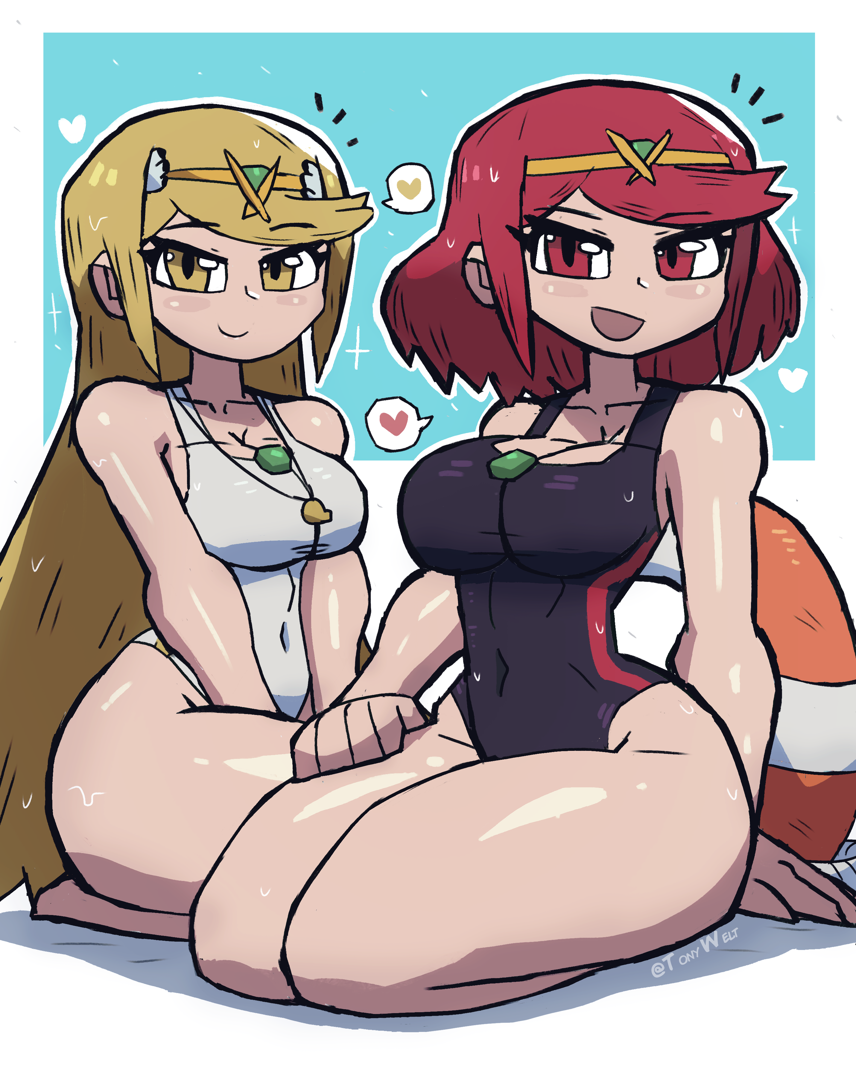 2girls, alternate costume, breasts, female, female only, mythra, nintendo, one-piece swimsuit, pyra, swimsuit, thick thighs, tony welt, wide hips, xenoblade (series), xenoblade chronicles 2