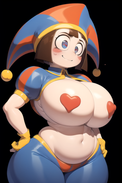 2023 2d 2d_(artwork) 2d_artwork ai_generated chubby_female daidouji_(artist) female gigantic_breasts glitch_productions gooseworx heart_pasties jester jester_cap jester_outfit nervous_smile pasties pomni_(the_amazing_digital_circus) solo solo_female sweat the_amazing_digital_circus thong