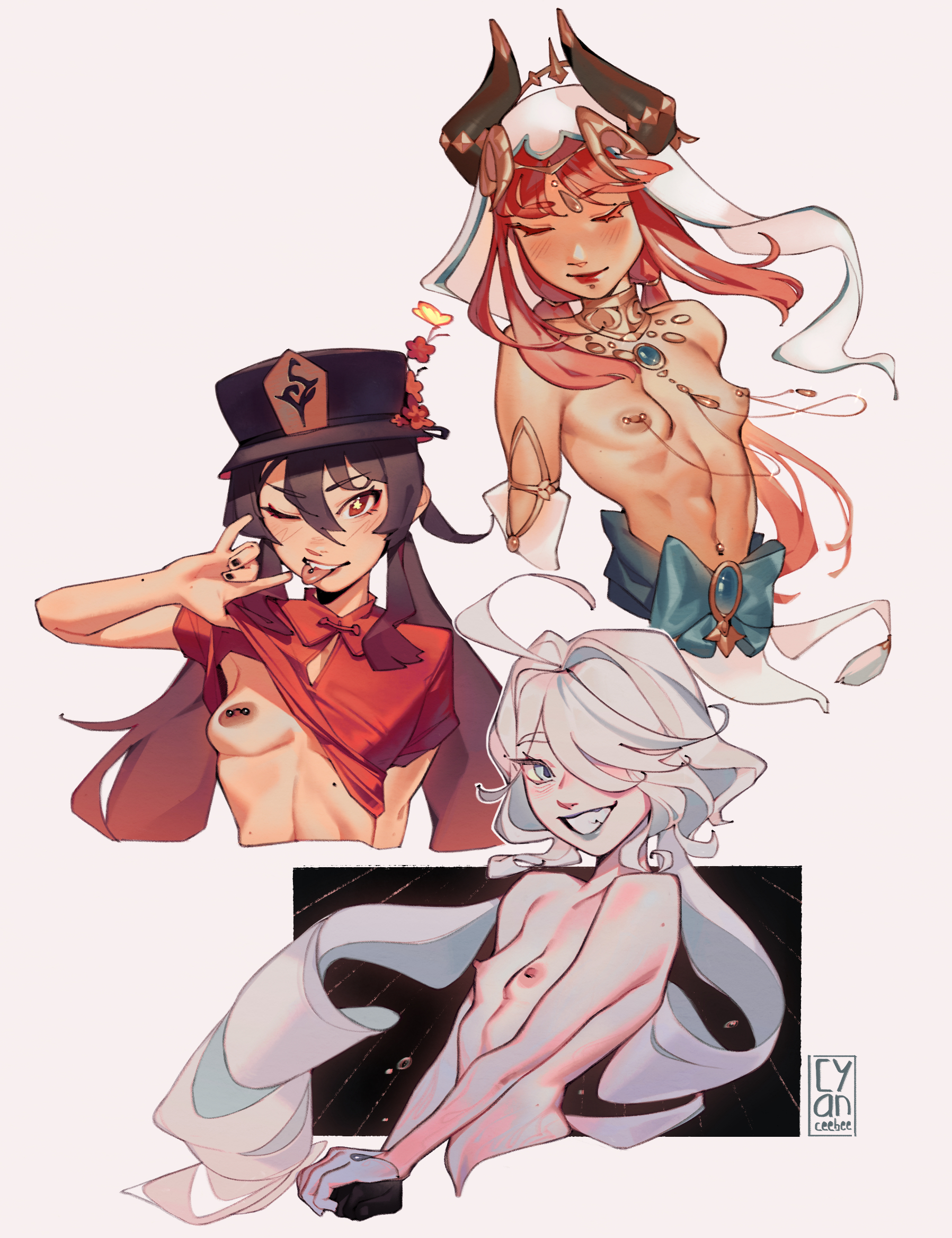 2d, 3girls, areolae, bare shoulders, belly, belly button, black hair, blush, breasts, brown hair, clothing, collarbone, cyanceebee, digital drawing (artwork), female, female focus, female only, flat chest, front view, furina (genshin impact), genshin impact, grin, group, hair, hat, horns, hu tao (genshin impact), light skin, long hair, looking at viewer, medium breasts, multiple females, multiple girls, navel, nilou (genshin impact), nipple piercing, nipples, nude, nude female, open eyes, partially clothed, petite, pierced nipples, pierced tongue, piercing, red hair, ribbon, shirt, shirt lift, short hair, skinny, small breasts, smile, standing, thin waist, topless, upper body, white hair, young