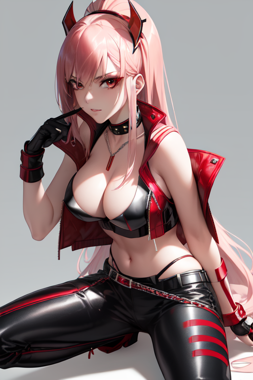 ai_generated belt biker_clothes black_gloves collar darling_in_the_franxx fiend necklace pink_hair red_eyes red_leather_jacket revealing_clothes thong zero_two_(darling_in_the_franxx)