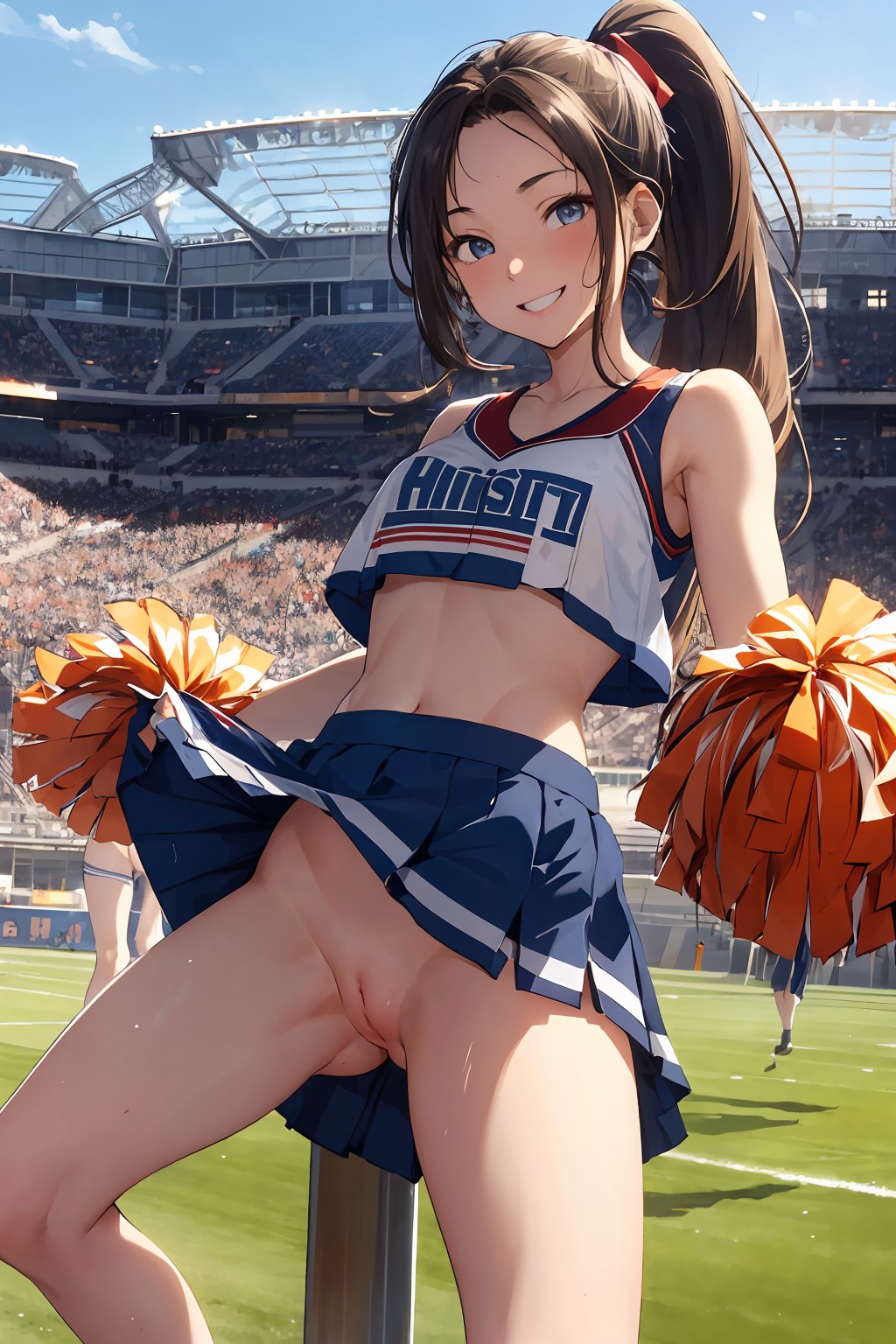 1girls, ai generated, black hair, cheerleader, cheerleader uniform, exhibitionism, exhibitionist, female, midriff, no panties, outside, ponytail, public, public nudity, pussy, skirt, solo focus