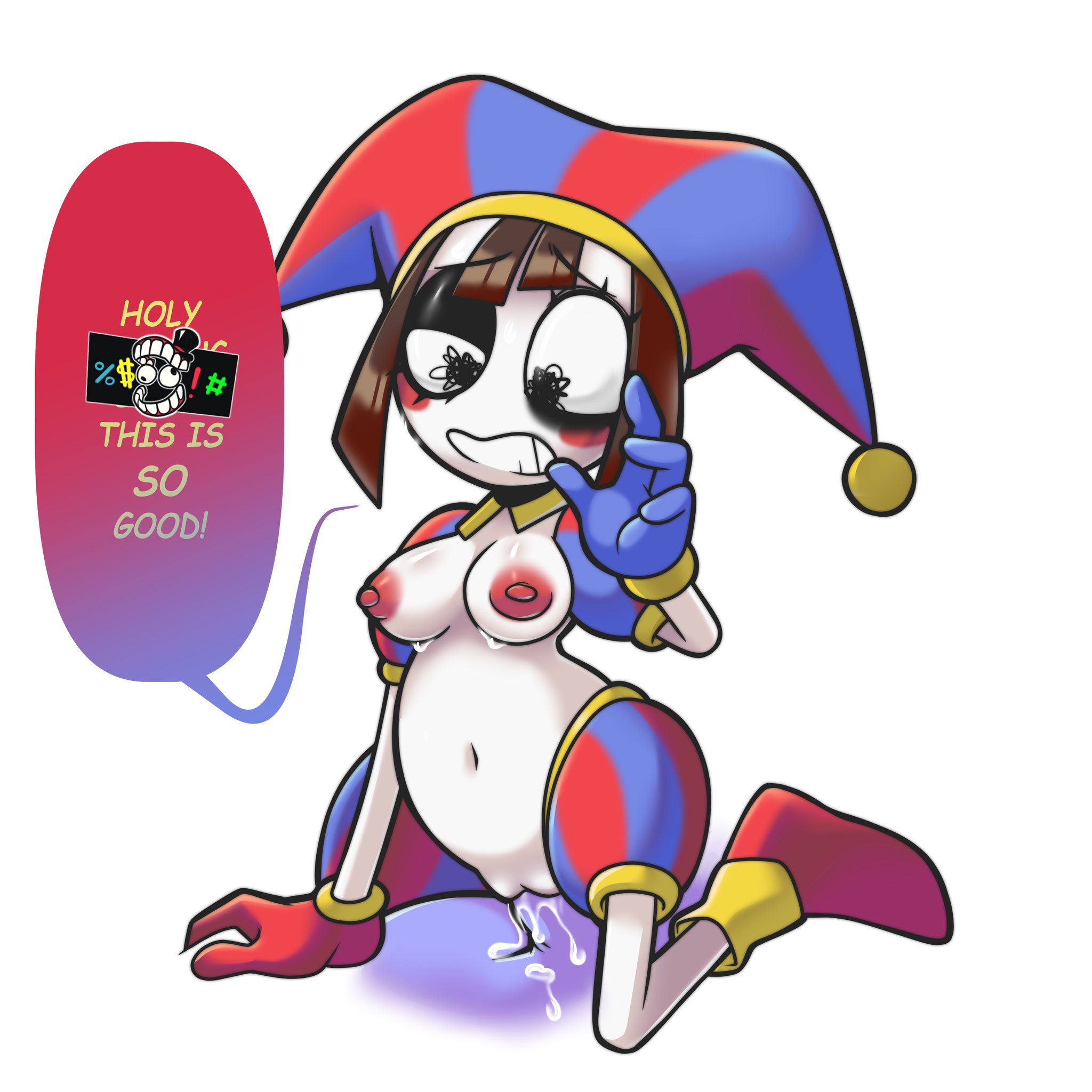 2023, 2d, 2d (artwork), 2d artwork, areolae, blush, breasts, brown hair, color, cum, cum inside, dialogue, english text, exposed torso, female, female on top, female penetrated, footwear, glitch productions, gooseworx, handwear, headwear, human, jester, jester cap, jester costume, jester hat, jester outfit, kronossoul, male, male penetrating, male penetrating female, male/female, medium breasts, nipples, pale skin, penis, pomni (the amazing digital circus), pussy, sex, short hair, tadc censor bar, text, the amazing digital circus, twitter link, vagina, vaginal, vaginal penetration, vaginal sex, white background, white body, white skin