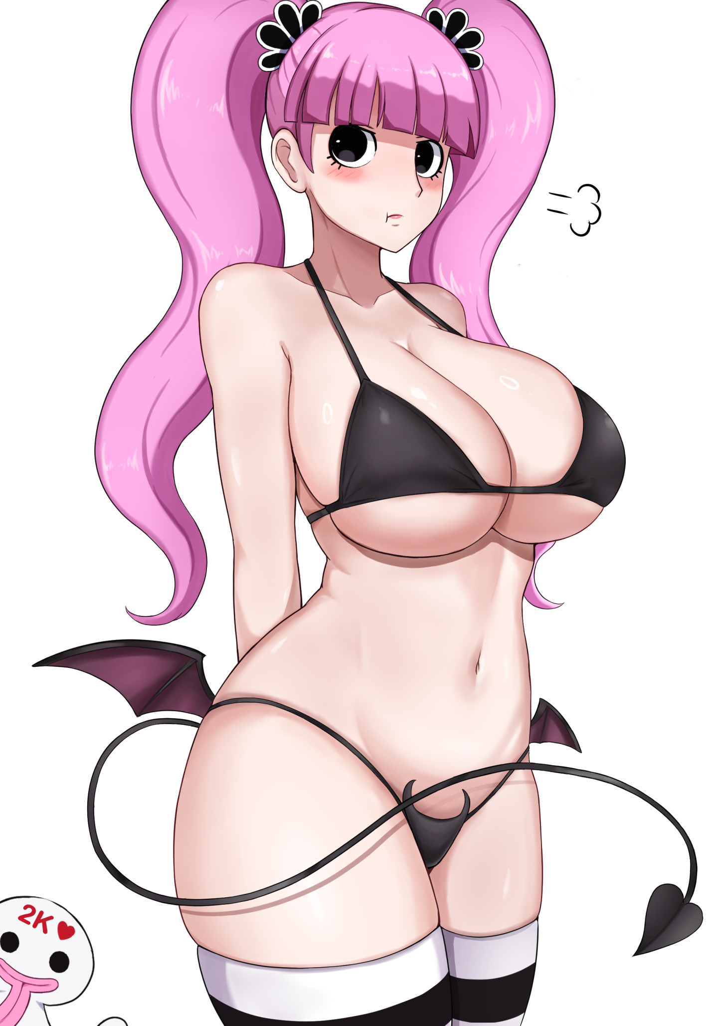 1girls, alternate breast size, bikini, blush, breasts, cleavage, demon, embarrassed, female, female only, hi res, large breasts, long hair, one piece, perona, pink hair, pink-haired female, pouting, revealing clothes, sleeptopi, solo, stockings, succubus, succubus costume, swimsuit, thighhighs, twintails, white background