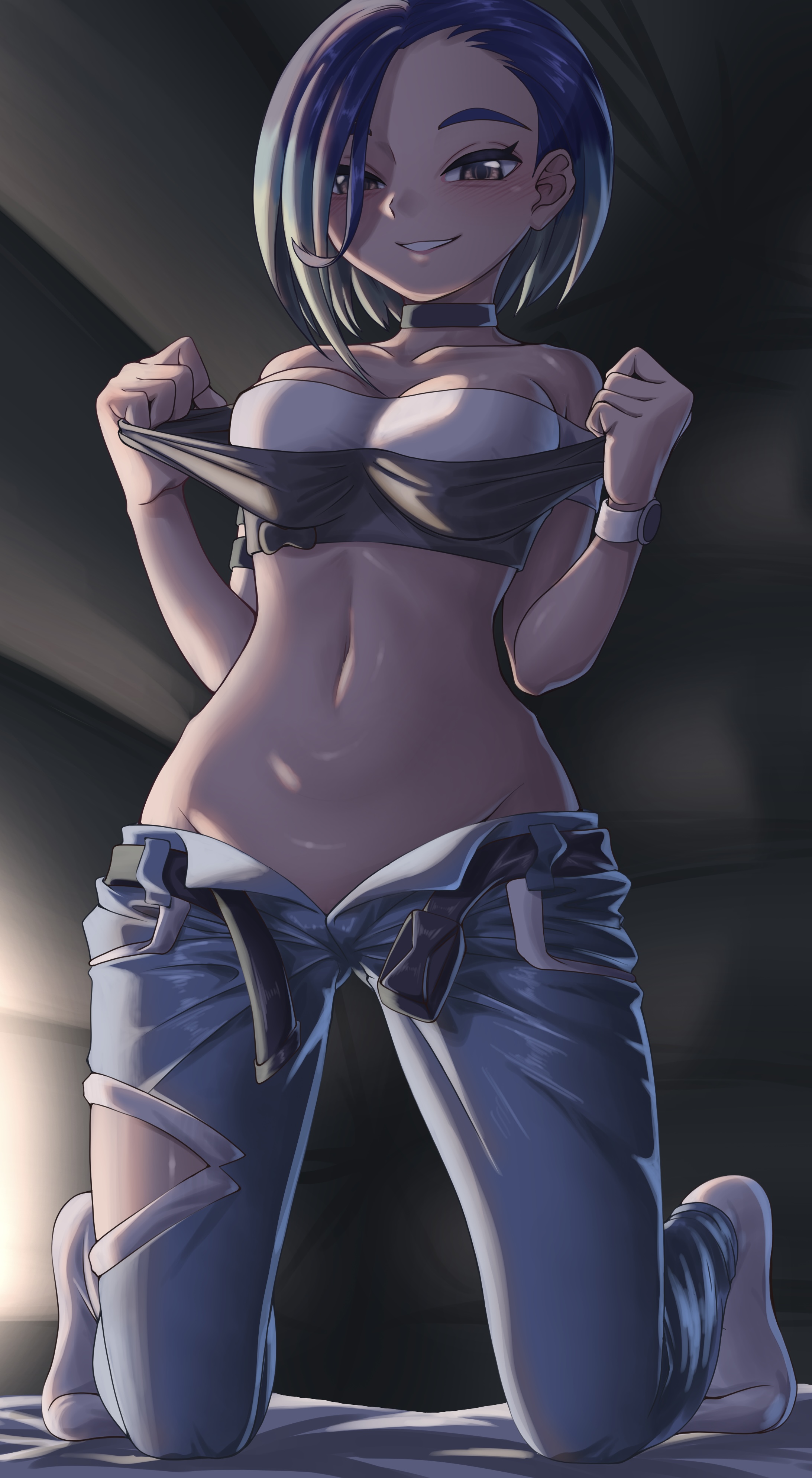 1girls, armwear, belt, blue hair, blue pants, blush, bottomwear, breasts, brown eyes, clothing, female, female only, full body, game freak, hair, jeans, legs, looking at viewer, looking down, medium breasts, neckwear, no shoes, on bed, on knees, p giraffa, pants, pants down, perrin (pokemon), pokemon, pokemon sv, short hair, smile, socks, solo, solo female, taking clothes off, thighs, topwear, undressing, watch, white socks