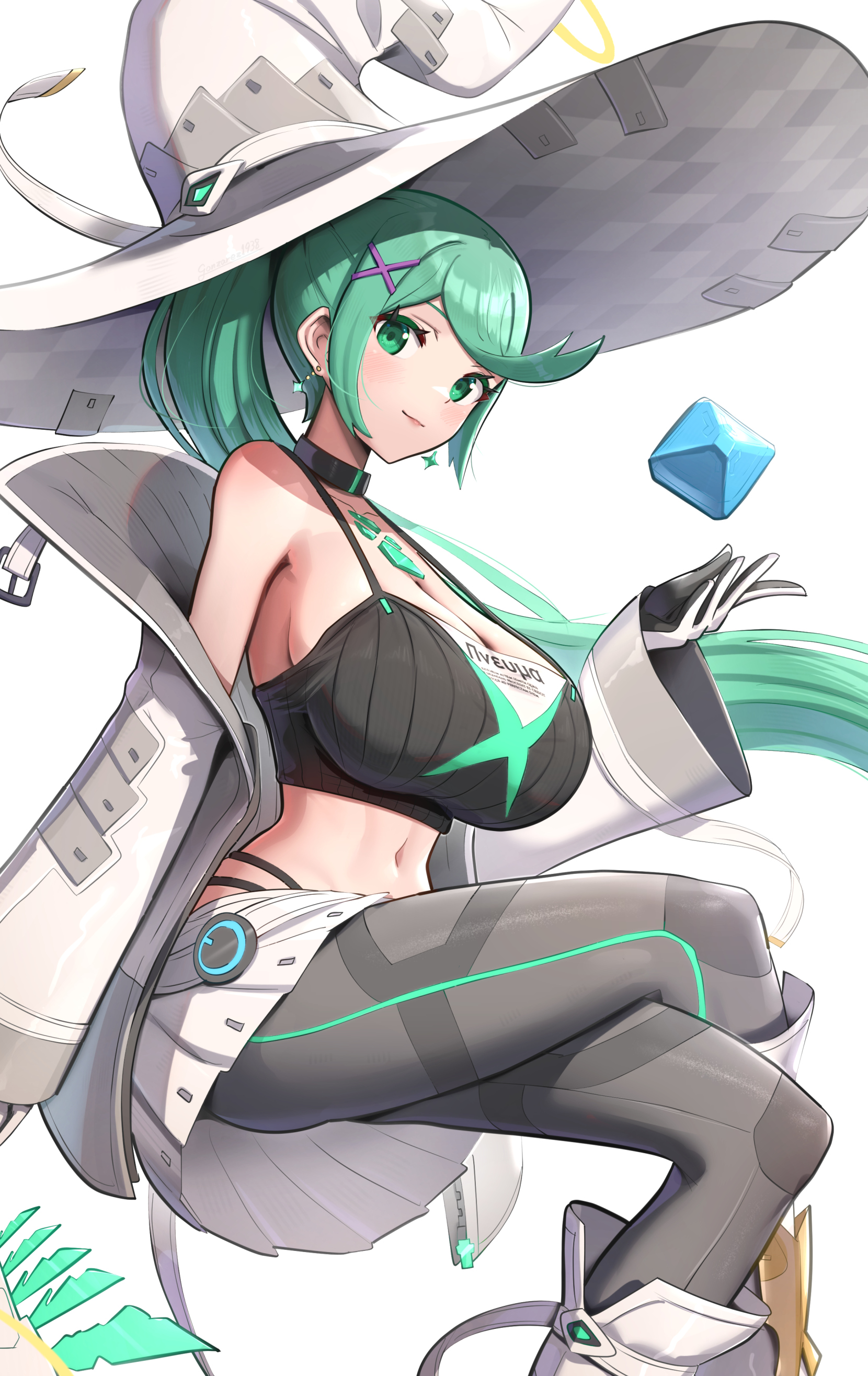 1girls, absurd res, alternate costume, aqua eyes, aqua hair, black crop top, black sports bra, boots, breasts, busty, choker, cleavage, core crystal, crop top, curvy, female, female only, gonzarez, green eyes, green hair, grey legwear, hat, highres, hips, hourglass figure, jacket, knee boots, kneehighs, large breasts, legwear, long hair, looking at viewer, massive breasts, midriff, nintendo, pneuma (xenoblade), ponytail, skirt, slim waist, sports bra, teal eyes, teal hair, thick thighs, thighs, very long hair, voluptuous, white boots, white hat, white jacket, white kneehighs, white skirt, wide hips, xenoblade (series), xenoblade chronicles 2