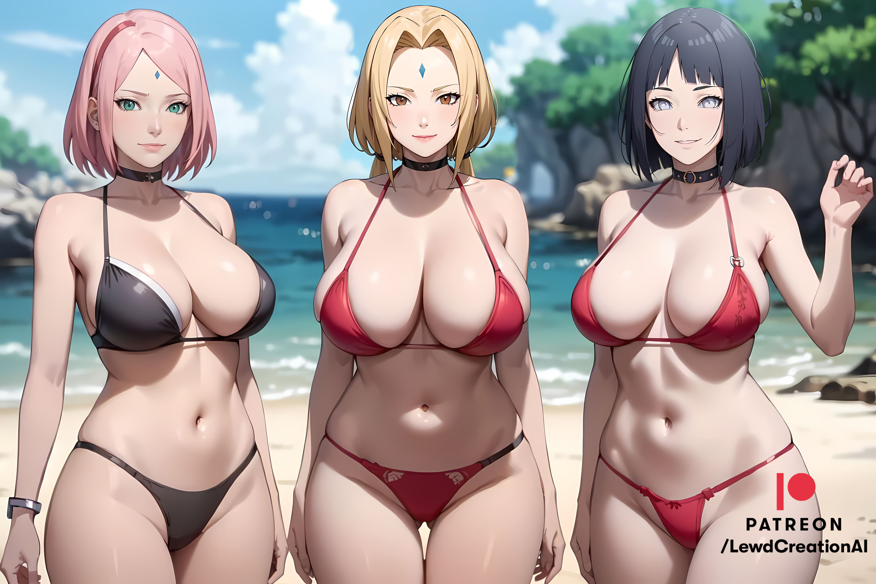 3girls, ai generated, arms behind back, beach, big breasts, bikini, bikini bottom, bikini top, black hair, blonde female, blonde hair, blush, blush lines, blushing at viewer, boruto: naruto next generations, breasts, female, female only, forehead, forehead gem, forehead jewel, forehead mark, green eyes, grey eyes, hands behind back, haruno sakura, huge breasts, hyuuga hinata, large breasts, lewdcreationsai, looking at viewer, multiple females, multiple girls, naruto, naruto (series), naruto: the last, navel, nipples, nude, nude female, ocean, pink hair, sakura haruno, sand, sea, seaside, smile, smirk, smirking, smirking at viewer, thick thighs, thighs, tsunade, uchiha sakura, uzumaki hinata, white eyes