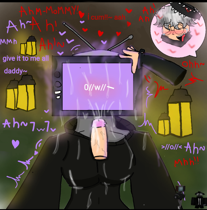 antennae black_clothing blush blushing breasts closed_eyes clothed crying cum cum_in_face cum_on_breasts disembodied_arm disembodied_penis ejaculation emoticon glasses grey_hair grey_skin hard_cock holding_head lanterns moaning multiple_orgasms purple_text red_text roblox roblox_avatar robloxian spiked_hat sweater text tongue_out tv_head tv_screen