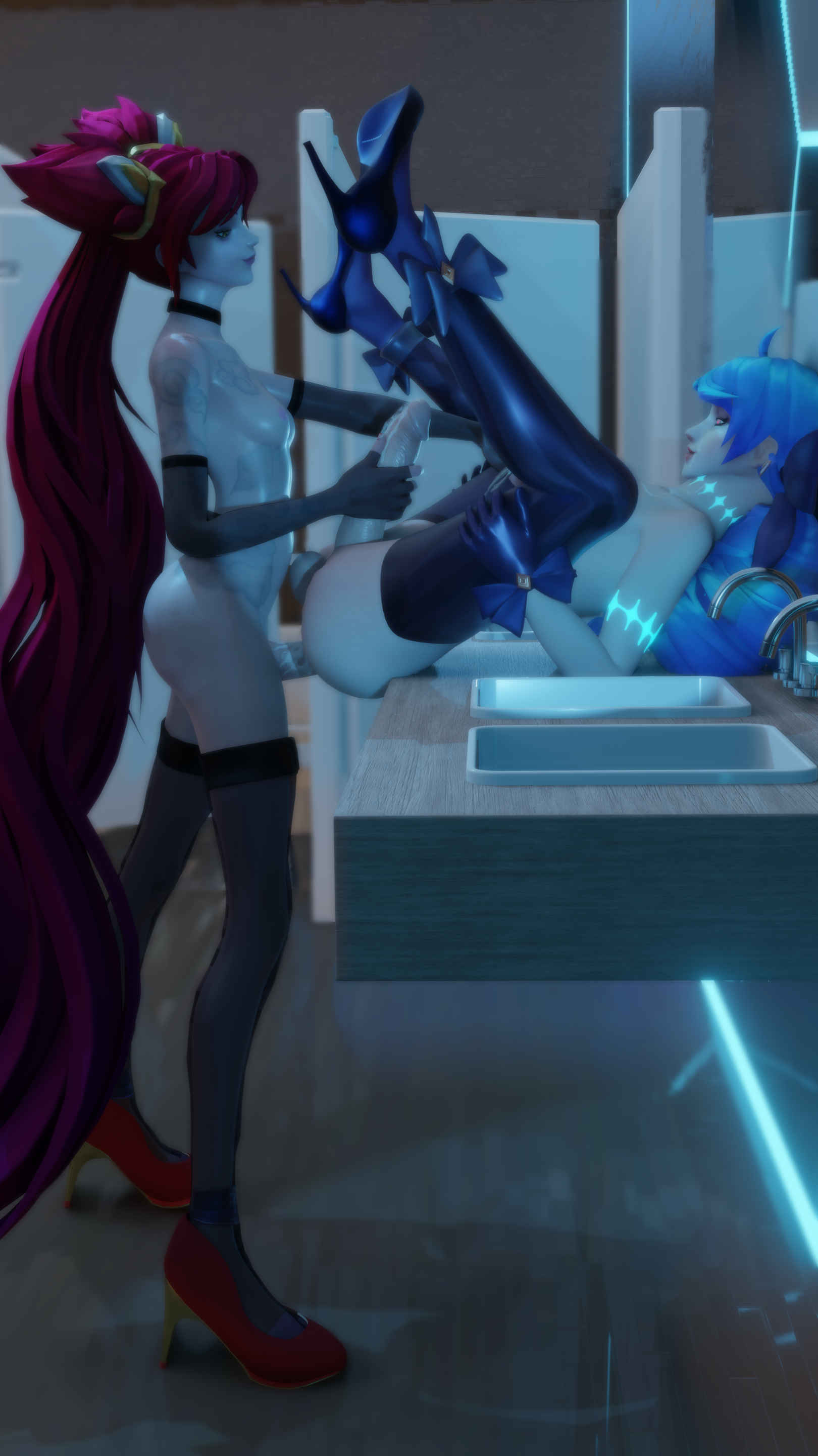 2futas, 3d, 3dcg, blue hair, cum, futa on futa, futa penetrating, futanari, gwen (league of legends), heels, high heels, hung bottom, intersex, jinx (league of legends), league of legends, otaviox6, penis, red hair, star guardian series, star guardian xayah, twin drills, twintails