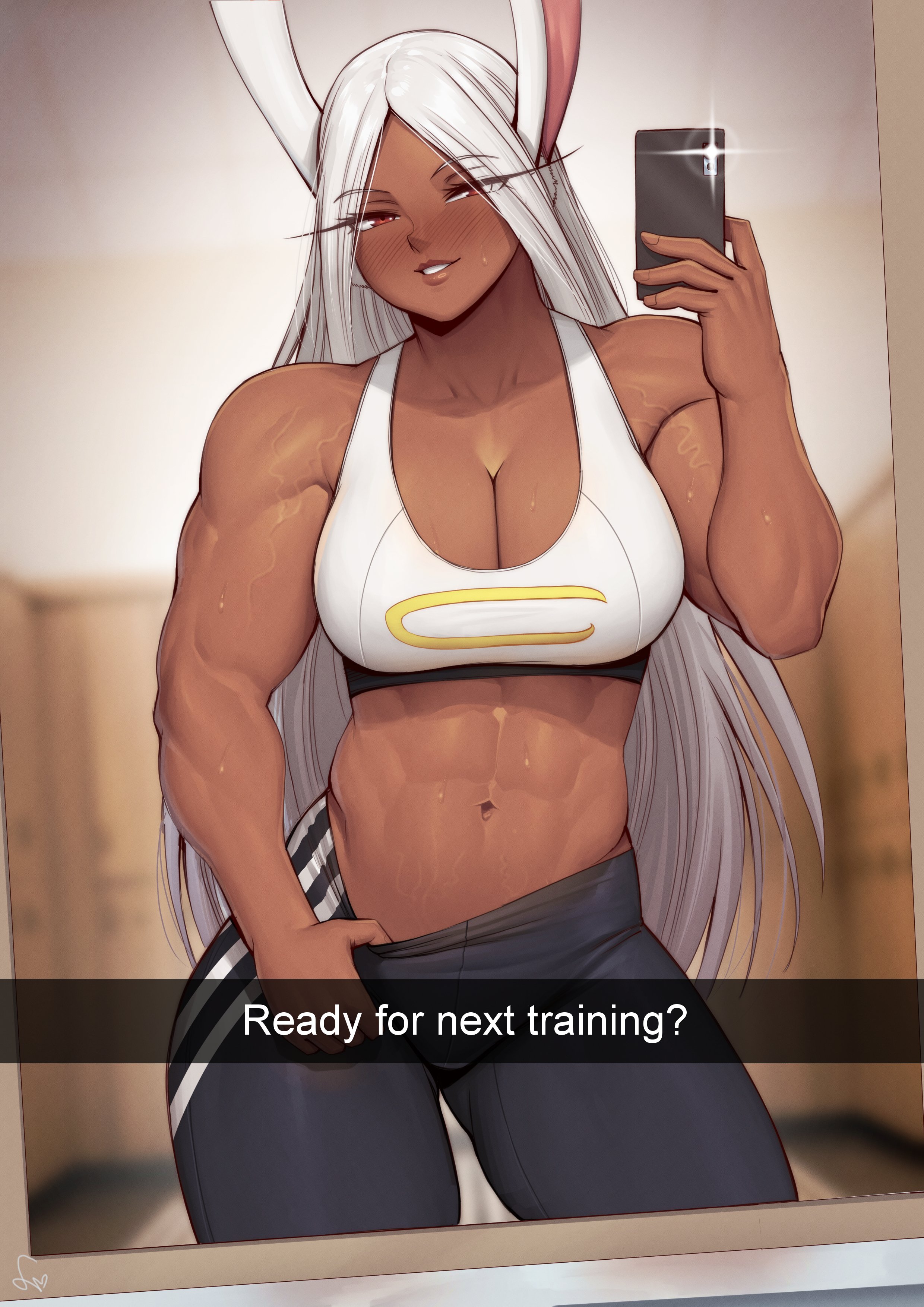 1girls, abs, absurd res, biceps, blush, breasts, cleavage, clothed, clothing, dark skin, dark-skinned female, english text, female, hi res, inner ear fluff, large breasts, long hair, midriff, mirror selfie, miruko, muscle mommy, muscles, muscular, muscular female, my hero academia, navel, parted lips, rabbit, rabbit ears, red eyes, rumi usagiyama, selfie, signature, smartphone, smile, solo, speedl00ver, sports bra, sweat, veins, white hair
