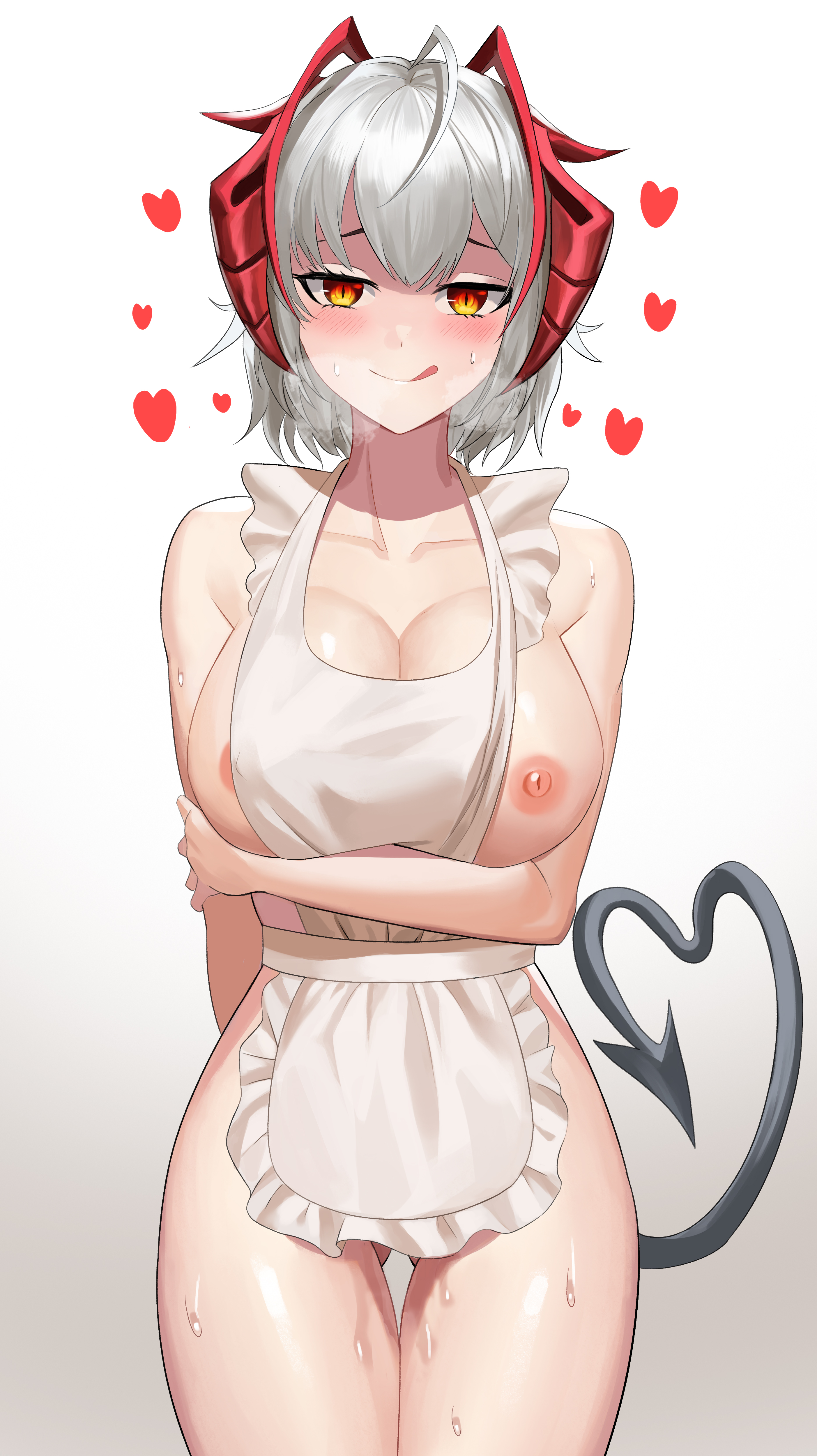 1girls, apron, arknights, big breasts, breasts, clark1863, embarrassed, exposed breasts, female, female only, highres, horns, horny, huge breasts, humanoid, in heat, large breasts, licking lips, looking at viewer, naked apron, nipples, nipples visible through clothing, no visible genitalia, red eyes, solo, sweat, sweating, tail, thick thighs, thighs, w (arknights), white hair
