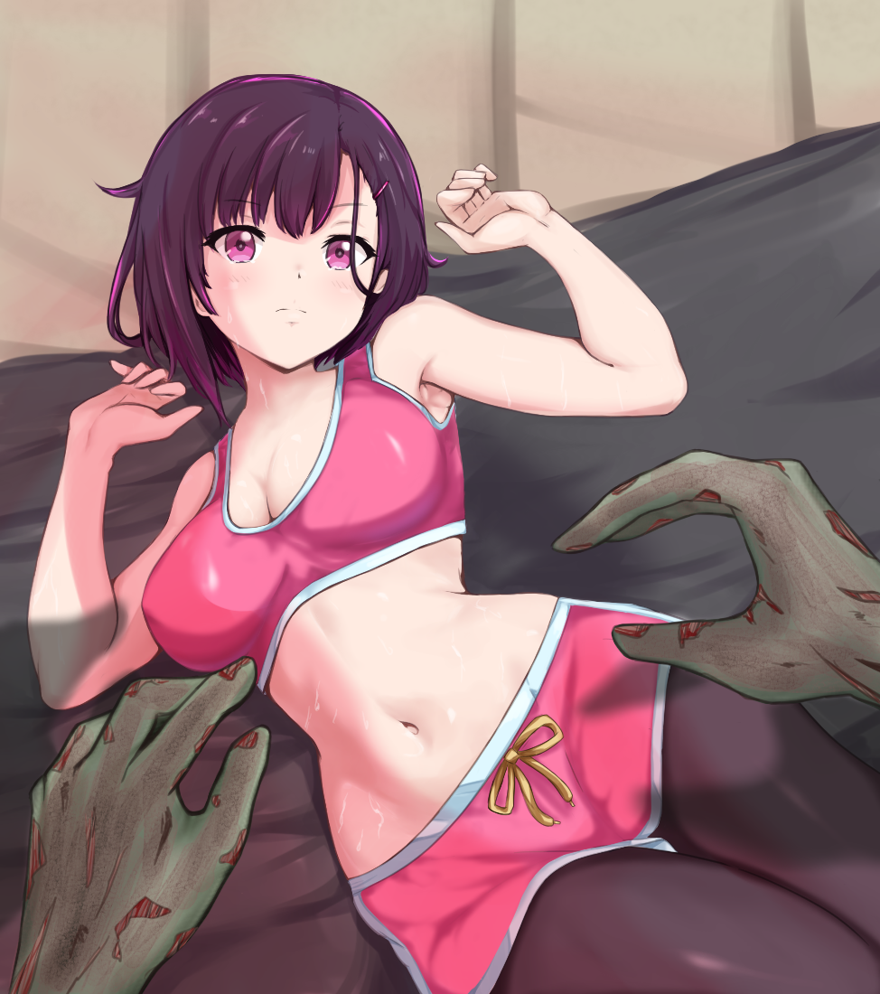 1girls 1monster athletic_female breasts cleavage light-skinned_female light_skin medium_breasts midriff mikazuki_shizuka monster navel outstretched_arms paid_reward_available pantyhose pink_eyes purple_hair saa_(artist) short_hair shorts sports_bra sportswear stomach sweat zom_100:_zombie_ni_naru_made_ni_shitai_100_no_koto