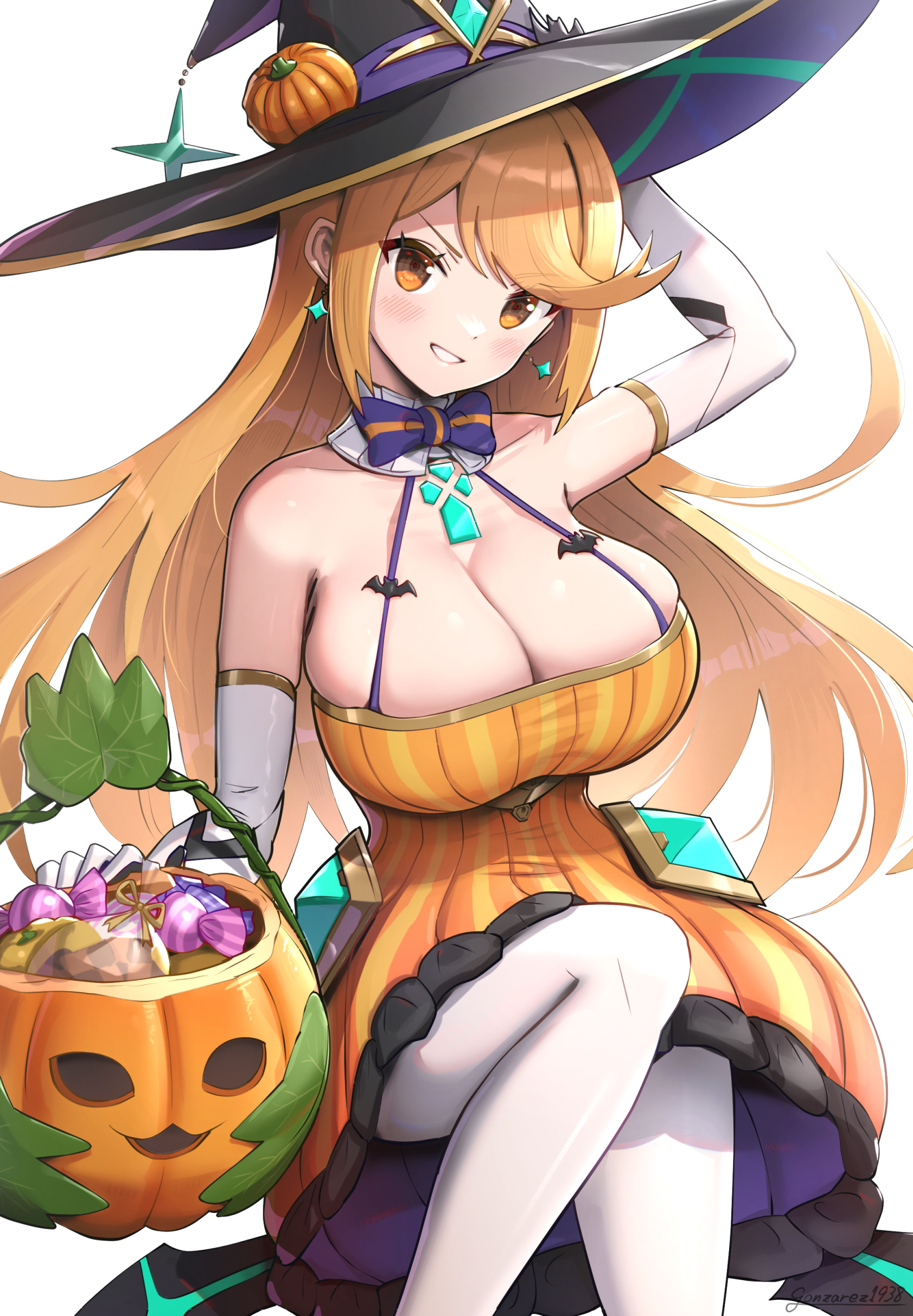 1girls, alternate breast size, alternate version available, arm up, bangs, blonde hair, bowtie, breasts, candy, cleavage, core crystal, detached collar, detached sleeves, earrings, elbow gloves, female, female focus, female only, gloves, gold eyes, gonzarez, halloween, hat, hi res, holidays, huge breasts, large hat, latex, leggings, light blush, looking at viewer, mythra, nintendo, orange clothing, pumpkin, sitting, smile, solo, swept bangs, thick thighs, thighs, very long hair, white background, white leggings, wide hips, witch, witch costume, witch hat, xenoblade (series), xenoblade chronicles 2