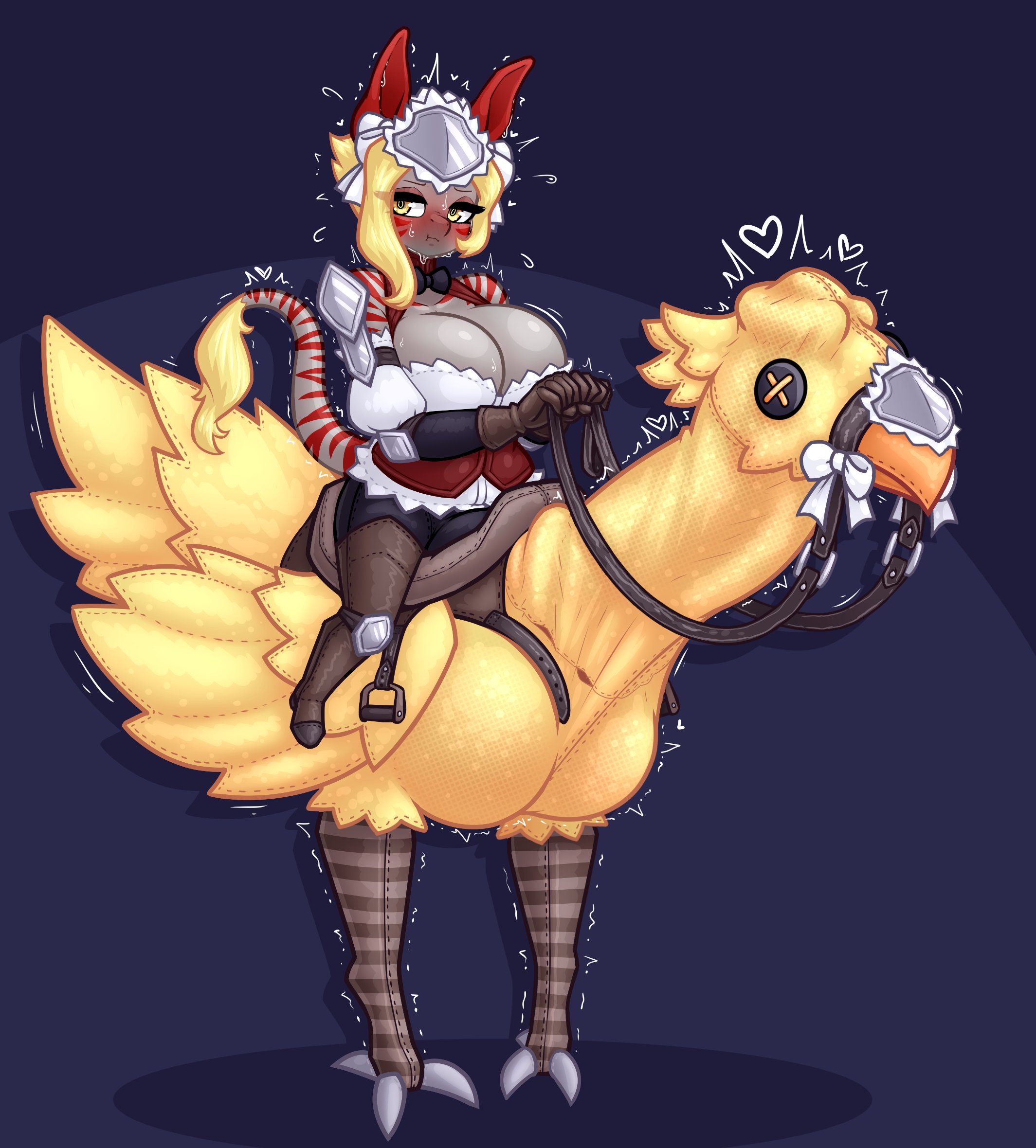1futa, 2023, animal ears, anthro, balls, big breasts, big tail, blonde hair, bottomless, breasts, chocobo, clothed, clothing, costume, erection, final fantasy, futa only, futanari, gigantic balls, gigantic penis, gigantic testicles, grey body, humanoid, intersex, kemonomimi, light skin, limebreaker, long hair, mostly clothed, original character, penis, ribbed penis, solo, solo futa, standing, testicles