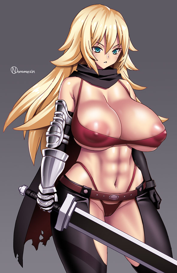 1girls areola_slip armor bending_forward bending_over big_breasts blonde_hair blush bra breasts exposed_breasts female female_only green_eyes large_breasts long_hair nipple onomeshin skimpy skimpy_clothes solo solo_female sweat the_vagrant thick_thighs vivian_(the_vagrant)