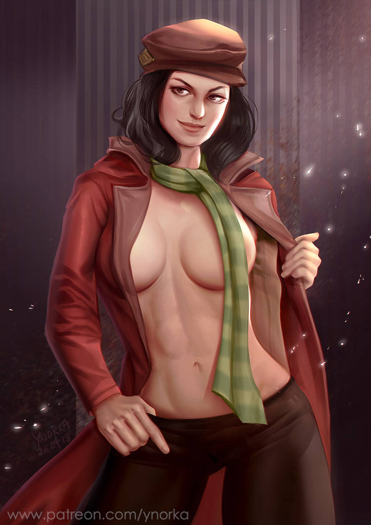 abs breasts dark_hair fallout fallout_4 jacket pinup piper_wright scarf solo undressing ynorka