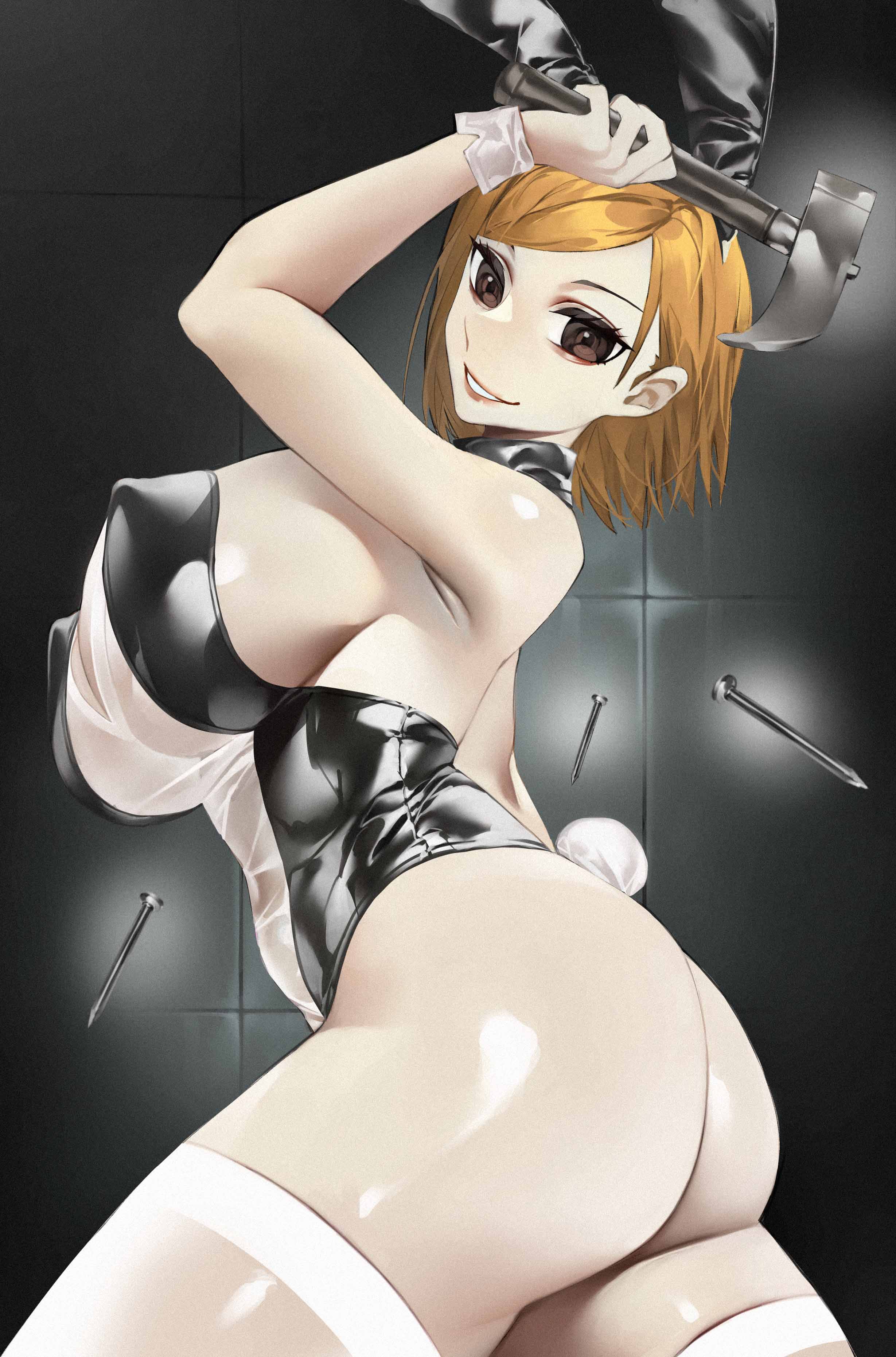 1girls, ass, big ass, big breasts, black bunnysuit, breasts, brown eyes, bunny ears, bunny tail, bunnysuit, fake animal ears, fake tail, female, female only, hair, hammer, huge breasts, jujutsu kaisen, kugisaki nobara, legwear, leotard, orange hair, see-through clothing, short hair, sideboob, smile, solo, solo female, spiralnoww, thick thighs, thighhighs, thighs, transparent bunnysuit, white thighhighs