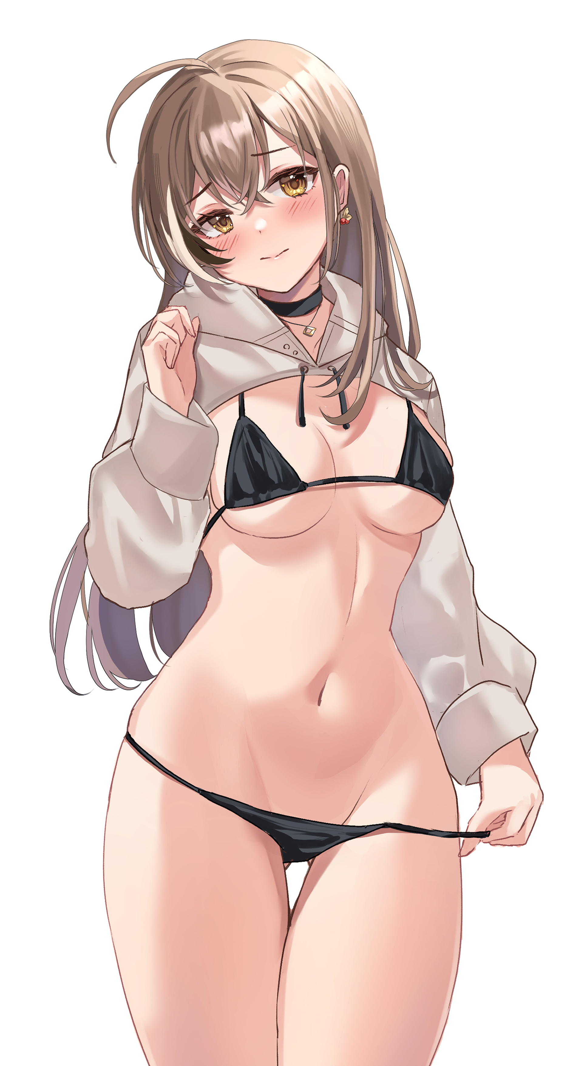 ahoge, bikini, black bikini, black choker, blush, breasts, brown eyes, brown hair, choker, cleavage, cowboy shot, earrings, female, haruuuukuma, highres, hololive, hololive english, hololive english -council-, hololive english -promise-, jewelry, looking at viewer, medium breasts, multicolored hair, nanashi mumei, necklace, panties, panty pull, simple background, solo, source request, streaked hair, swimsuit, thigh gap, underwear, virtual youtuber, white background