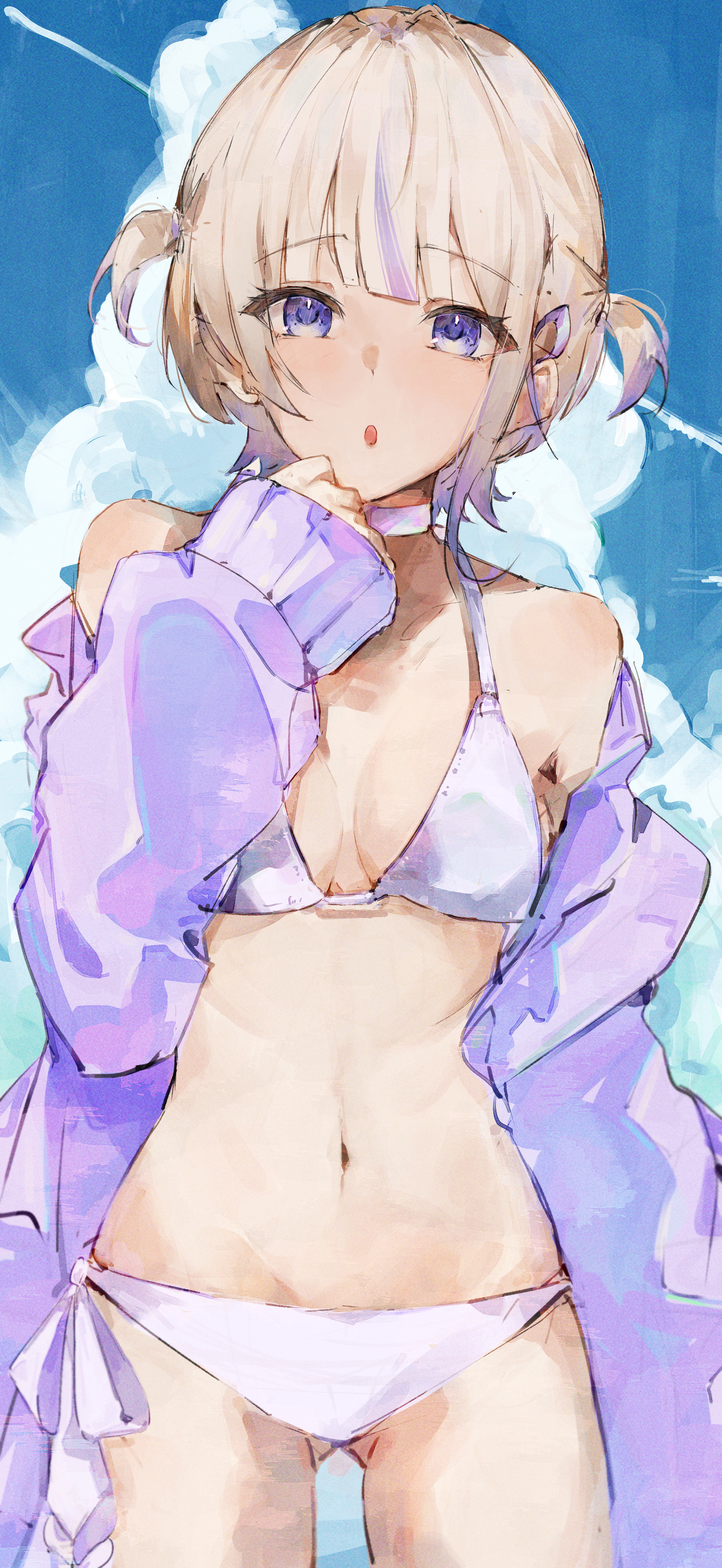 1girls, 2020s, 2023, absurd res, ass visible through thighs, bikini, blonde hair, blue hair, blue sky, blush, breasts, choker, cloud, female, gluteal fold, hi res, hololive, hololive dev is, hololive regloss, jacket, light skin, light-skinned female, looking at viewer, multicolored hair, navel, open mouth, purple eyes, regloss, short hair, sky, small breasts, solo, standing, streaked hair, swimsuit, todoroki hajime, two side up, virgo76612871, virtual youtuber, white bikini, white choker, white jacket