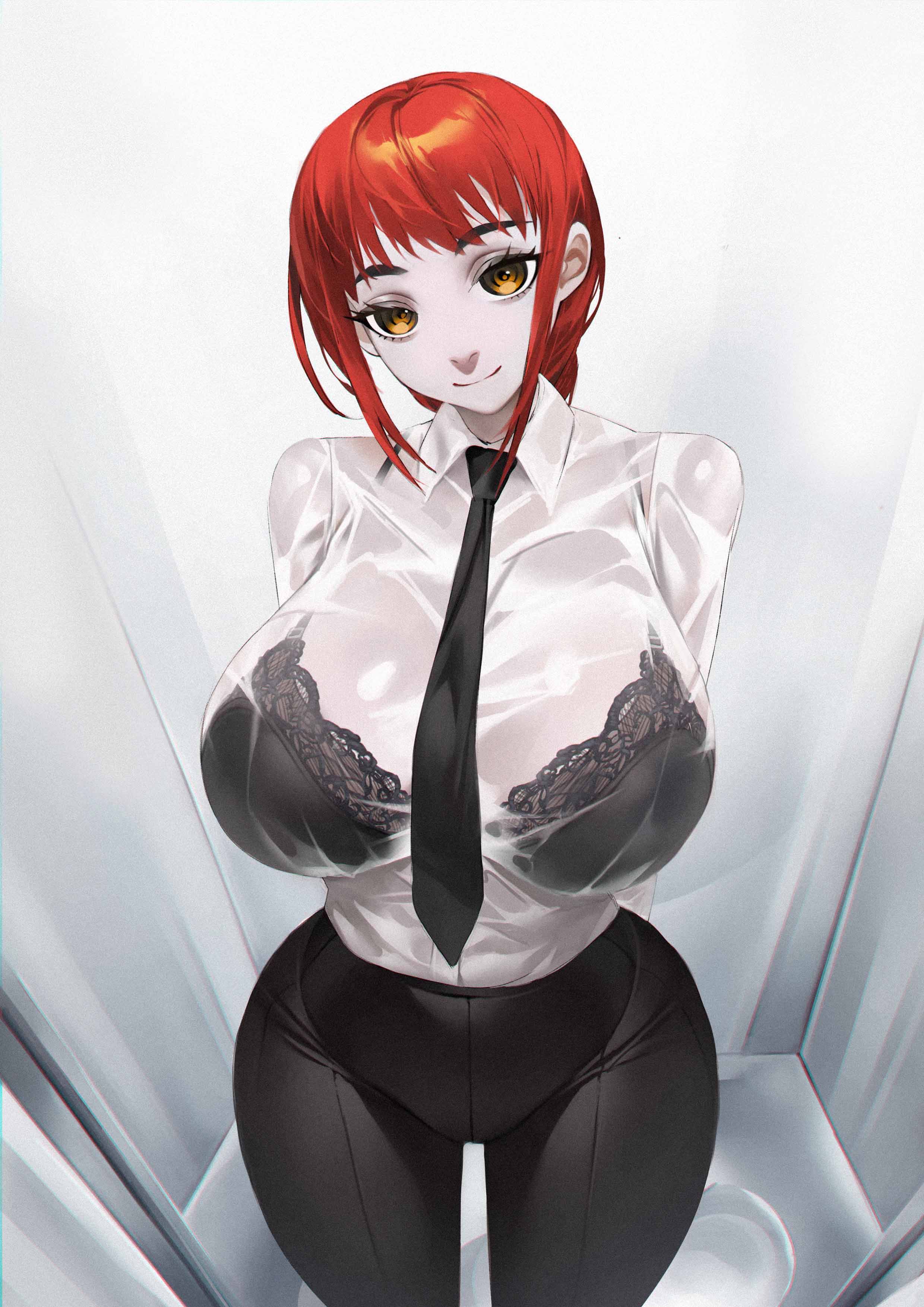 1girls, big breasts, black bra, black pants, bra, bra visible through clothes, breast focus, breasts, chainsaw man, female, female only, hair, hips, huge breasts, lace, lace-trimmed bra, large breasts, lingerie, makima (chainsaw man), necktie, necktie between breasts, neckwear, pants, red hair, shirt, smile, solo, solo female, spiralnoww, thighs, white shirt, yellow eyes